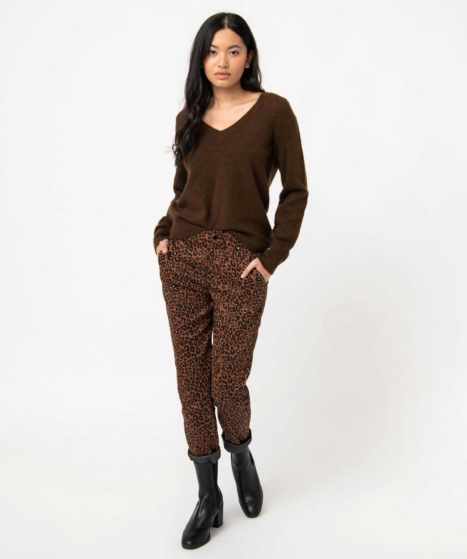 Pull femme à grand col V fantaisie marron | GEMO