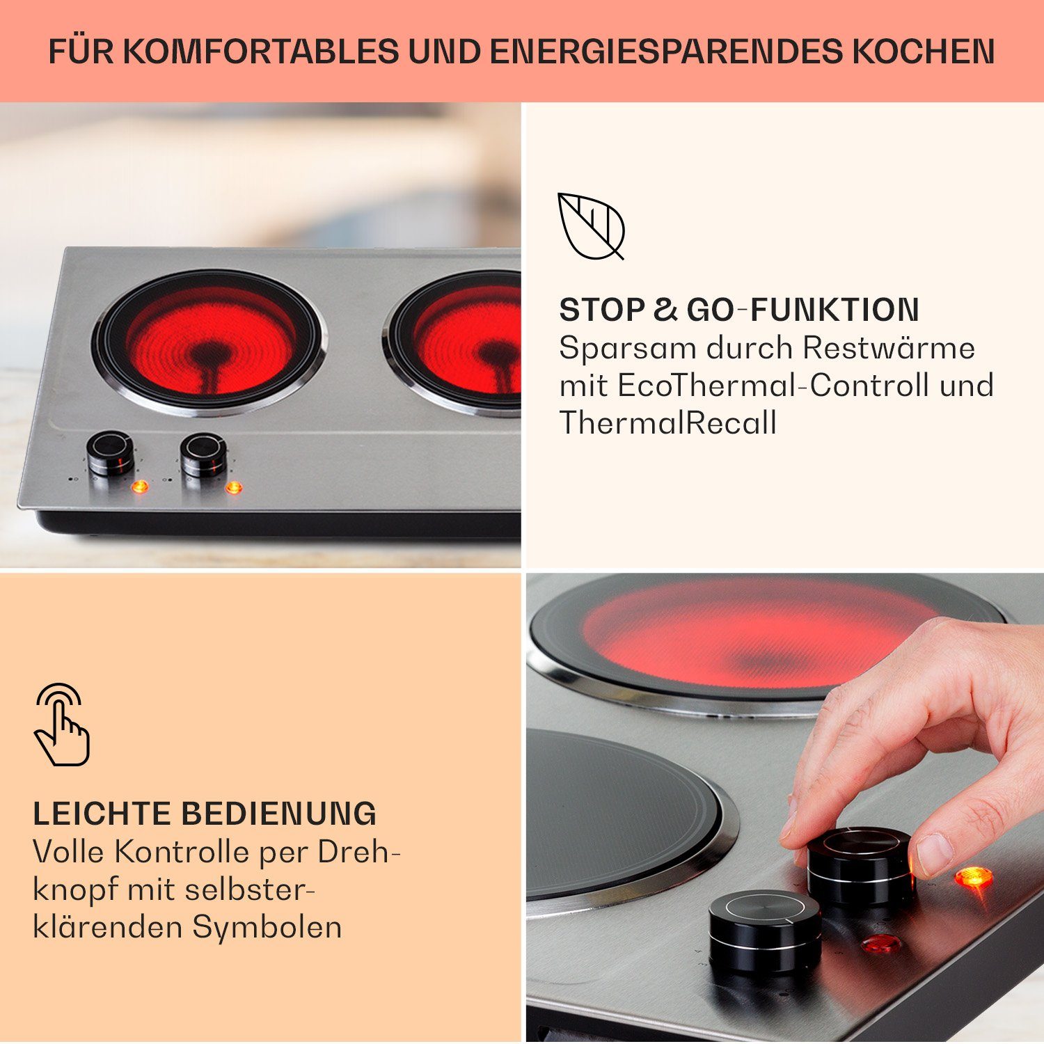 Klarstein Induktions-Kochfeld Ramsey Doppel-Kochfeld 2400W 11 Leistungsstufen Glaskeramik LC4-Ramsey-SLV, Kochfeld 2 Zonen Glaskeramik Elektrokochfeld