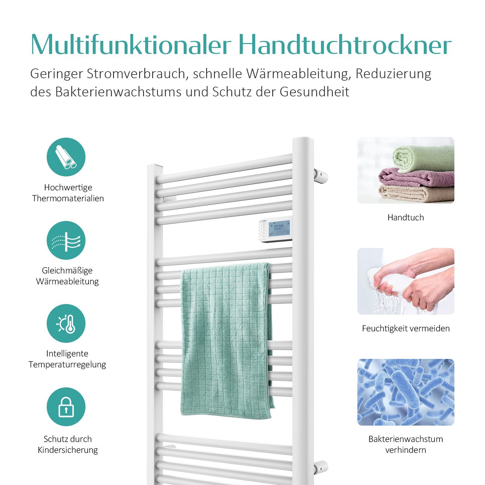 EMKE Elektrischer Badheizkörper Elektrisch mit Intelligenten Thermostat Gerade mit Seitenanschluss, Handtuchwärmer aus Aluminium Handtuchtrockner mit Heizstab