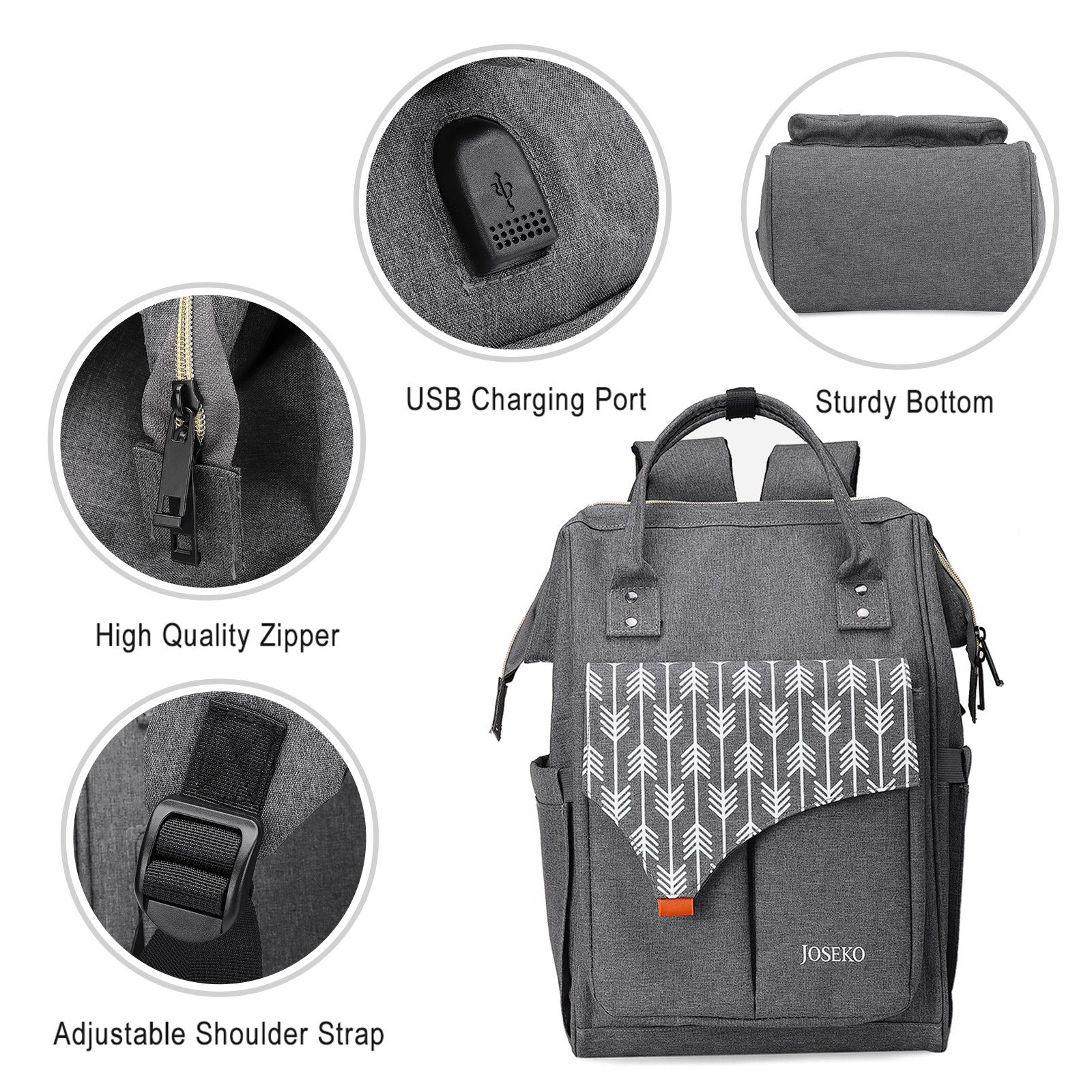 JOSEKO Daypack Tasche Rucksack Dark Gray: Praktisch & Modisch! (USB-Charger/USB-Ladestecker), Viele Fächer + Taschen, großer Stauraum, daily Backpack