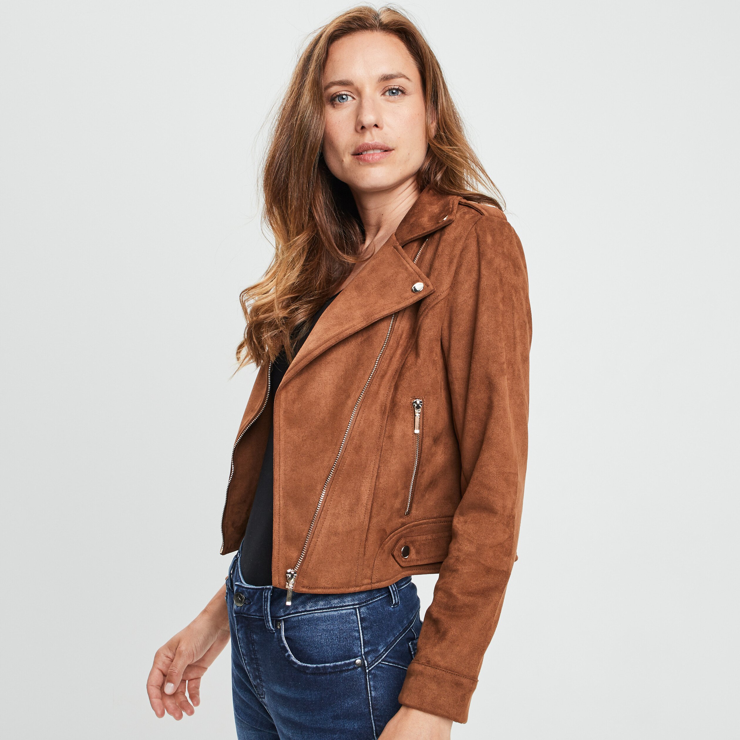 Veste esprit biker effet suédine camel femme | La Halle