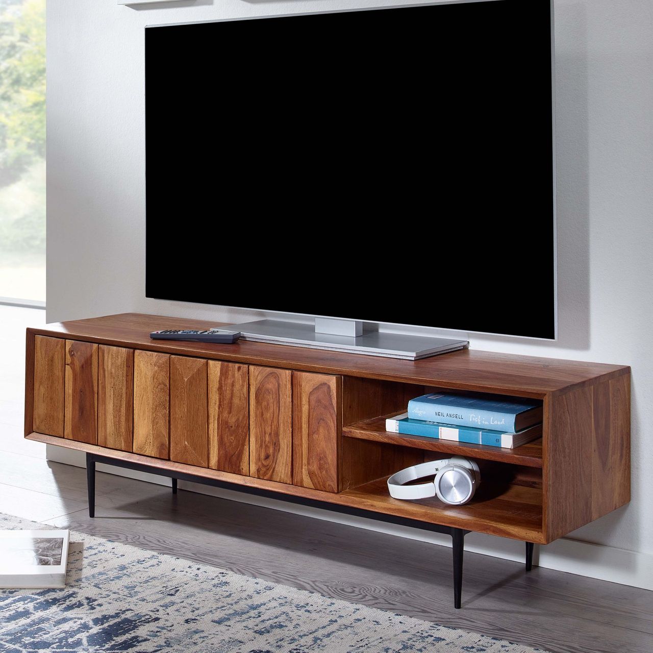 Skyport WOHNLING TV Schrank 123x42x35 cm Lowboard Holz Fernsehkommode Fernsehschrank