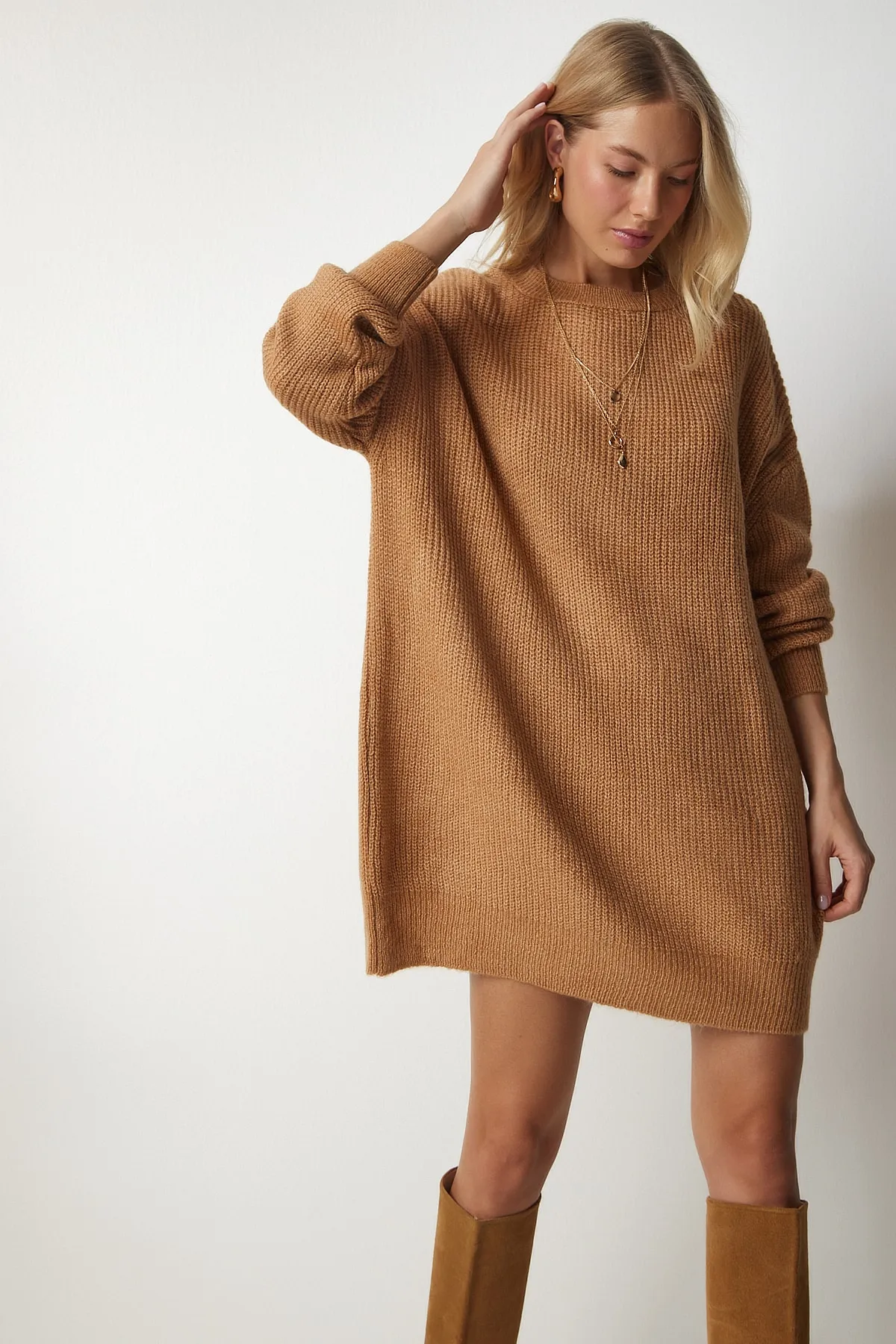 Happiness İstanbul  Damen-Sweatshirt „Biscuit“ in Übergröße, lang, Basic-Strick, BV00099