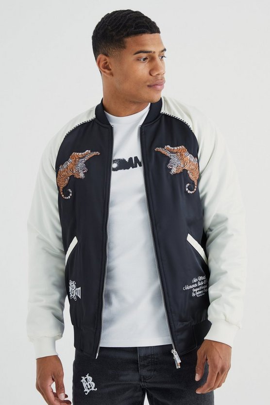Satin Souvenir-Bomberjacke mit Stickerei