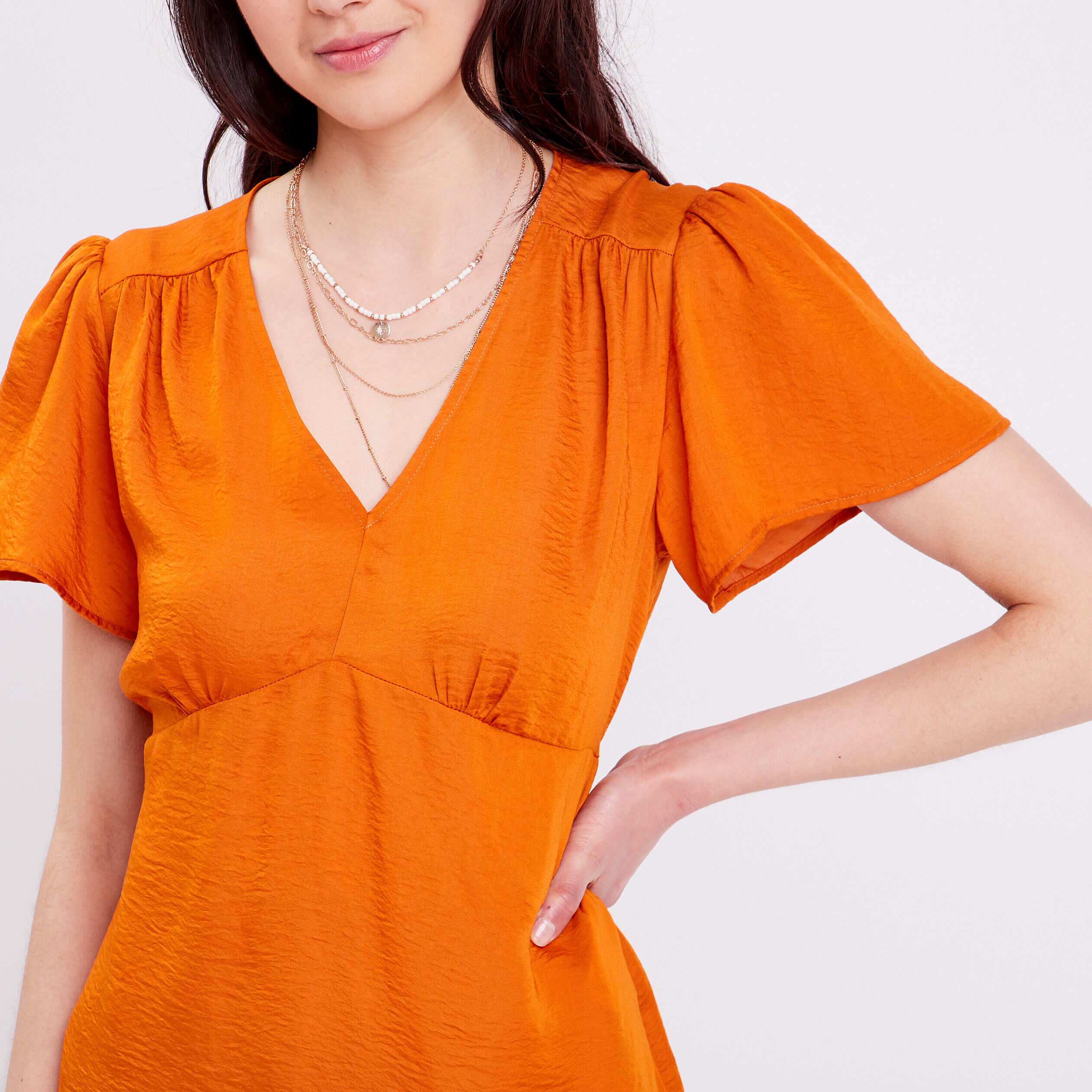 Blouse manches courtes satin orange femme | Cache Cache