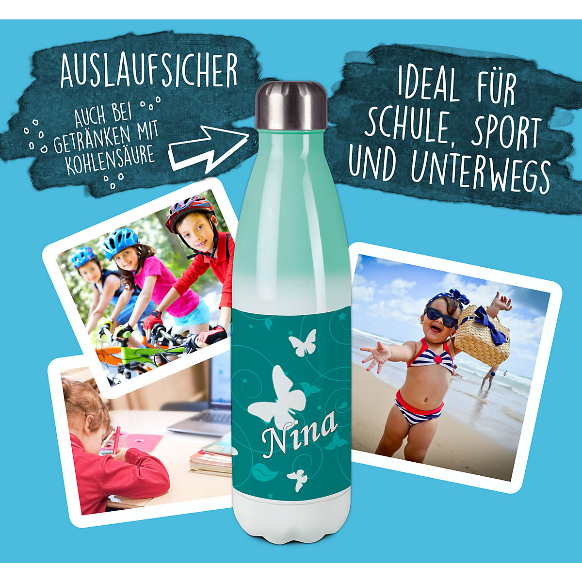 Edelstahl Kinder Thermoflasche / Trinkflasche bunt Schmetterling Ornamente Farbe petrol Spülmaschinenfest, Auslaufsicher, Bruchfest, Doppelwandig, Für Heißgetränke geeignet, Mit Deckel, Isoliert