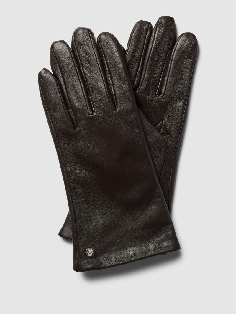 Lederhandschuhe mit Label-Applikation Modell 'CLASSIC' in dunkelbraun