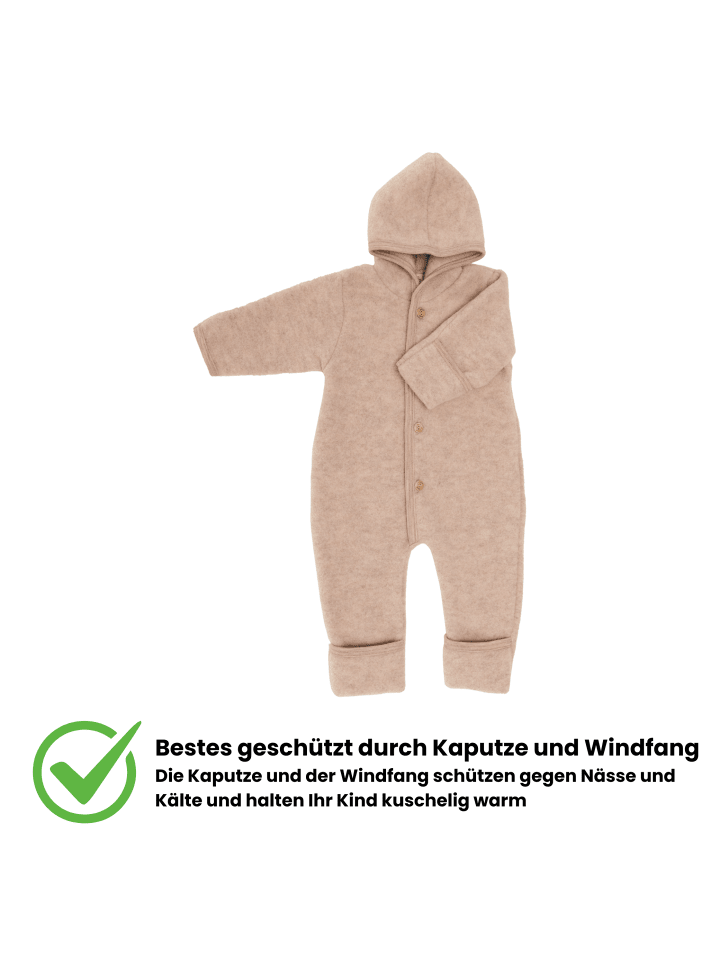Kinderhaus Blaubär Baby-Overall mit Kapuze, Holzknöpfen & Mulltuch Blaubaer in Sand Melange günstig kaufen 50/56