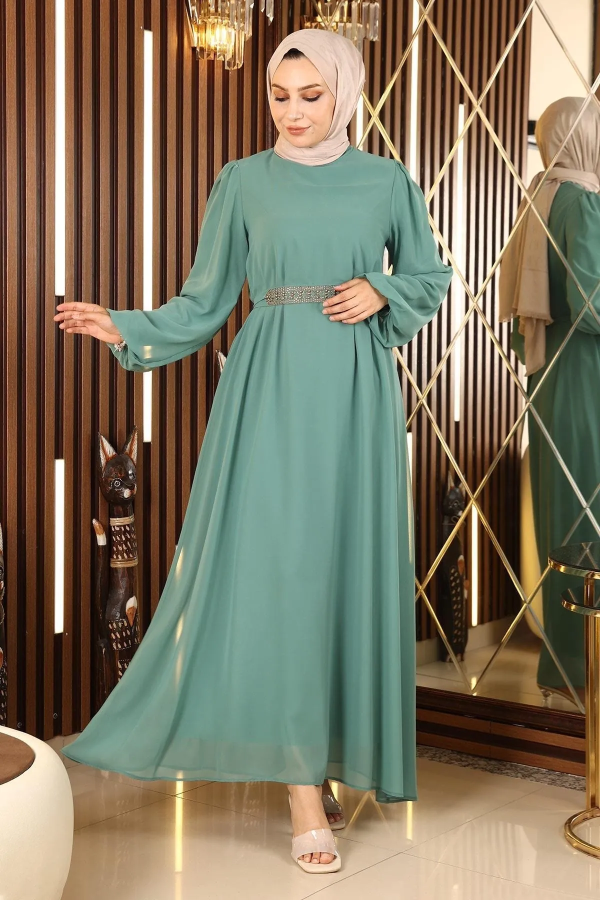Modamihram  Chiffon-Abendkleid mit Gürteldetail Mint 13304