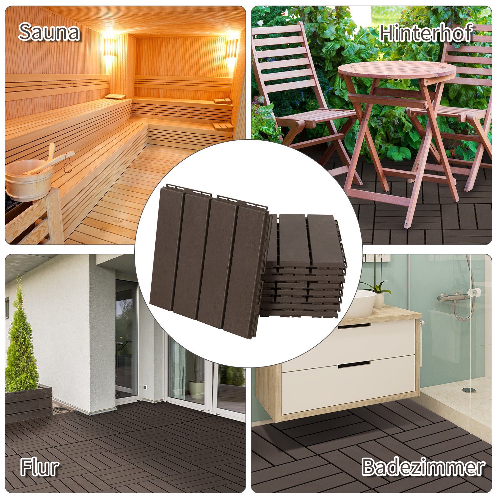 Outsunny Klickfliesen Balkon Patio 30 x 30 cm, Garten-Klickfliese, Garten-Klickfliese Bodenbelag, 1 St., 9 x Terassenfliesen, Stärke: 2 cm, 0.81 m²
