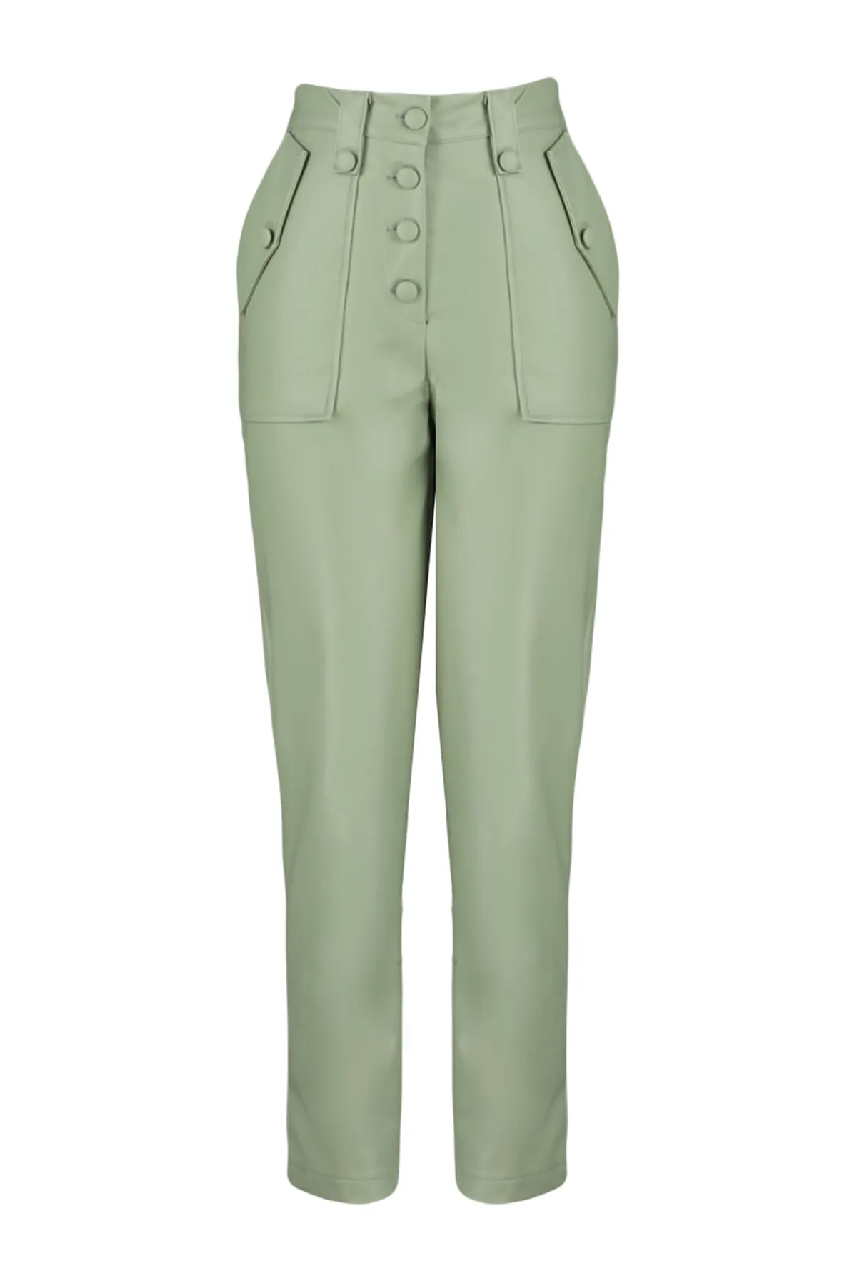 Trendyol Collection  Grüne Karottenhose aus gewebtem Kunstleder mit Knopfleiste vorne TWOAW22PL0083