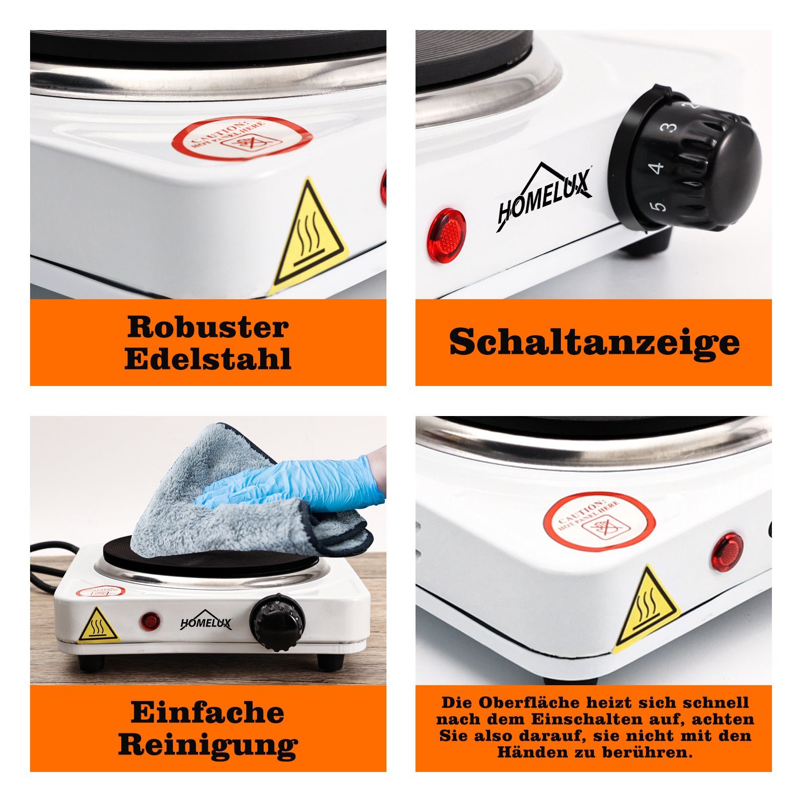 HOMELUX Einzelkochplatte Kochplatte Edelstahl Herdplatte Kochfeld, 5 Leistungsstufen, 16cm/1000W; 18cm/1500W