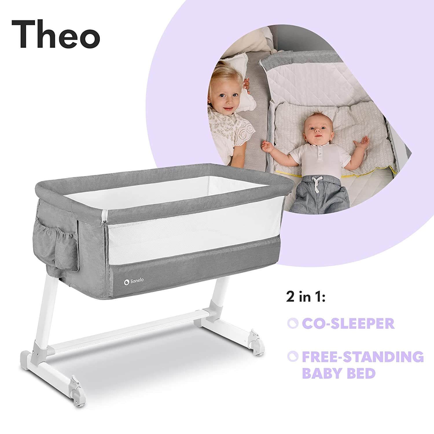 lionelo Beistellbett Lionelo Theo Baby Beistellbett Kinderbett grau Babybett Zustellbett