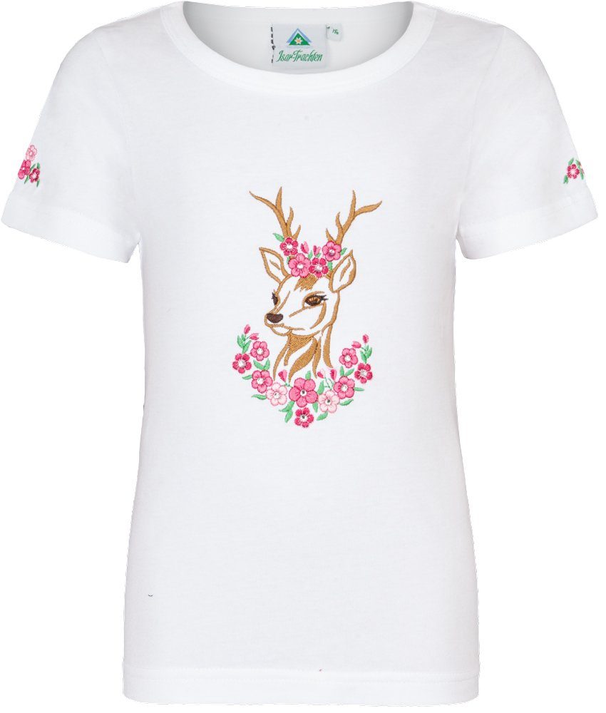 Isar-Trachten Trachtenbluse Mädchen T-Shirt 'Reh' mit Stickerei 52766, Weiß P