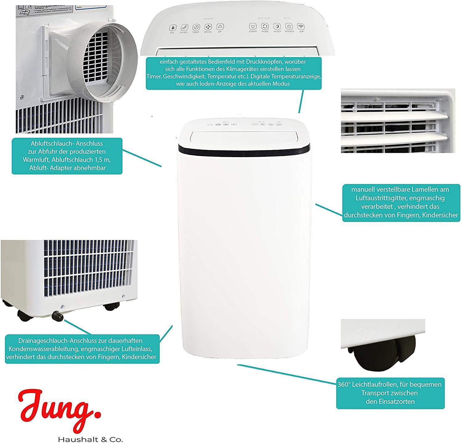 JUNG 3-in-1-Klimagerät TV08 mobile Klimaanlage mit Fernbedienung 4,7 KW, mobiles Klimagerät, 16000BTU leise, Abluftschlauch, Timer Airconditioner Luftkühler Mobil
