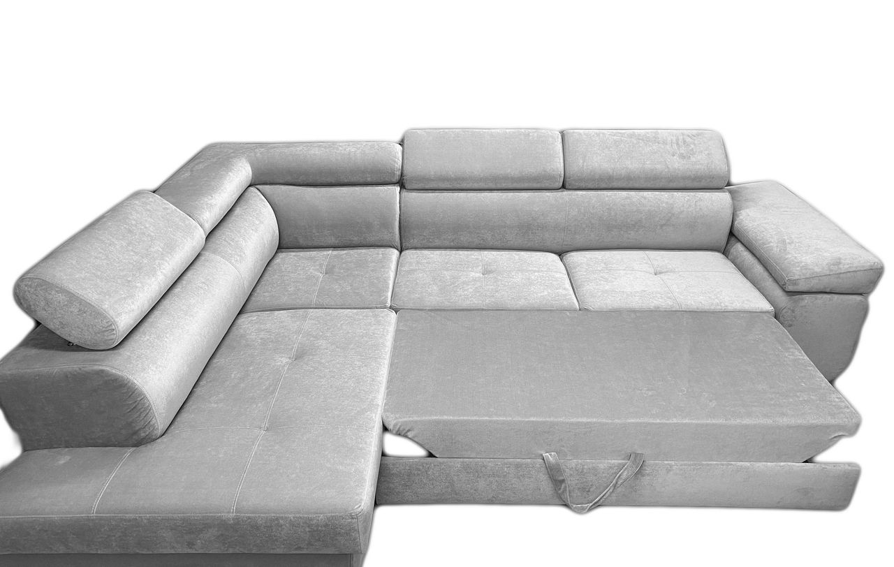 Möbel Punkt Ecksofa Monaco Samt Grau mit Bett Bettkasten Kopfteilverstellung Bett Sofa Schlafsofa Ottomane links