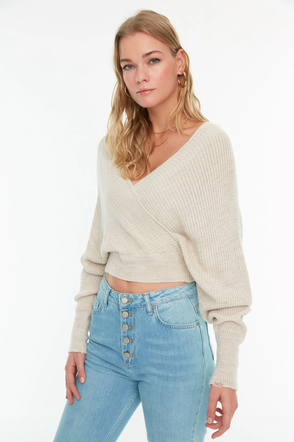 Trendyol Collection  Steinfarbener zweireihiger Strickpullover TWOAW21KZ1277