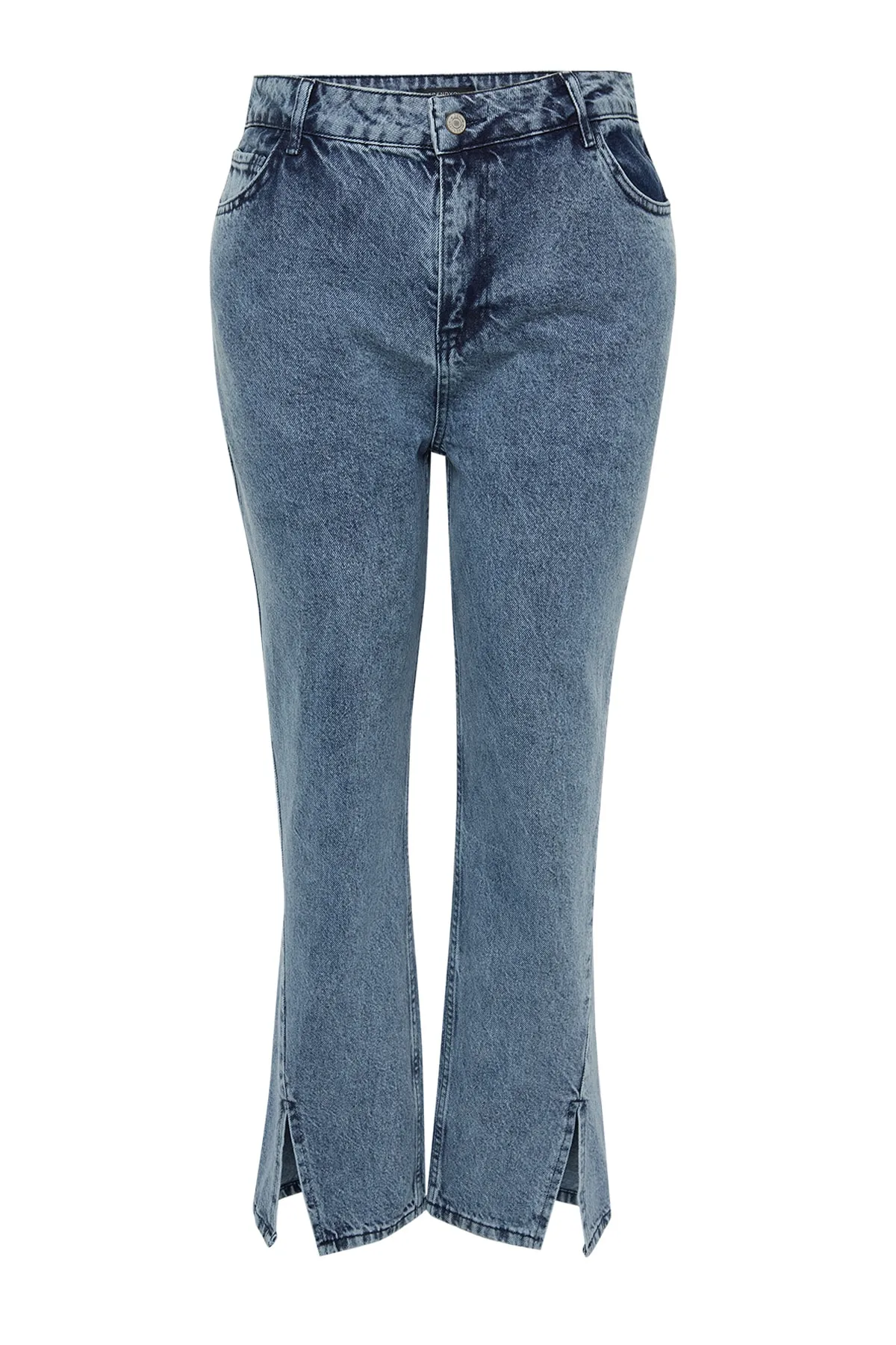 Trendyol Curve  Blaue Bootcut-Jeans mit hoher Taille und detailliertem Beinabschluss TBBSS22JE0614