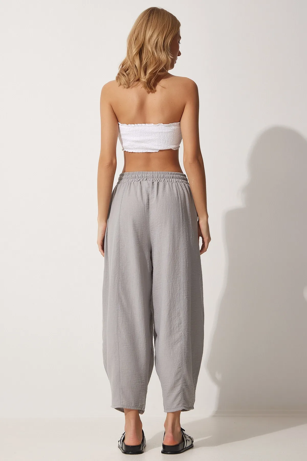 Happiness İstanbul  Graues Leinenhemd-Shalwar-Hosen-Set für Damen DZ00080