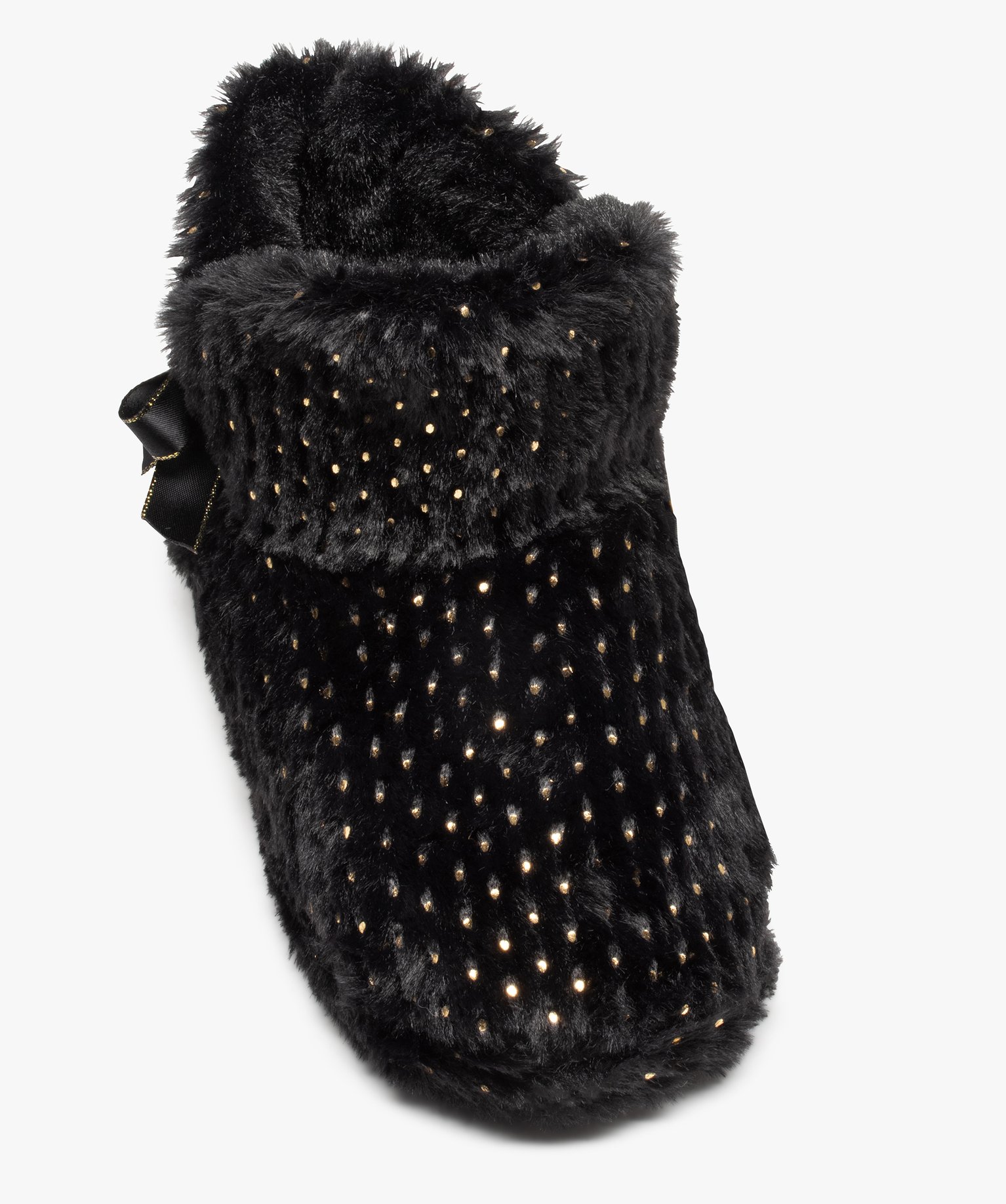 Chaussons femme boots en textile peluche à pois noir | GEMO