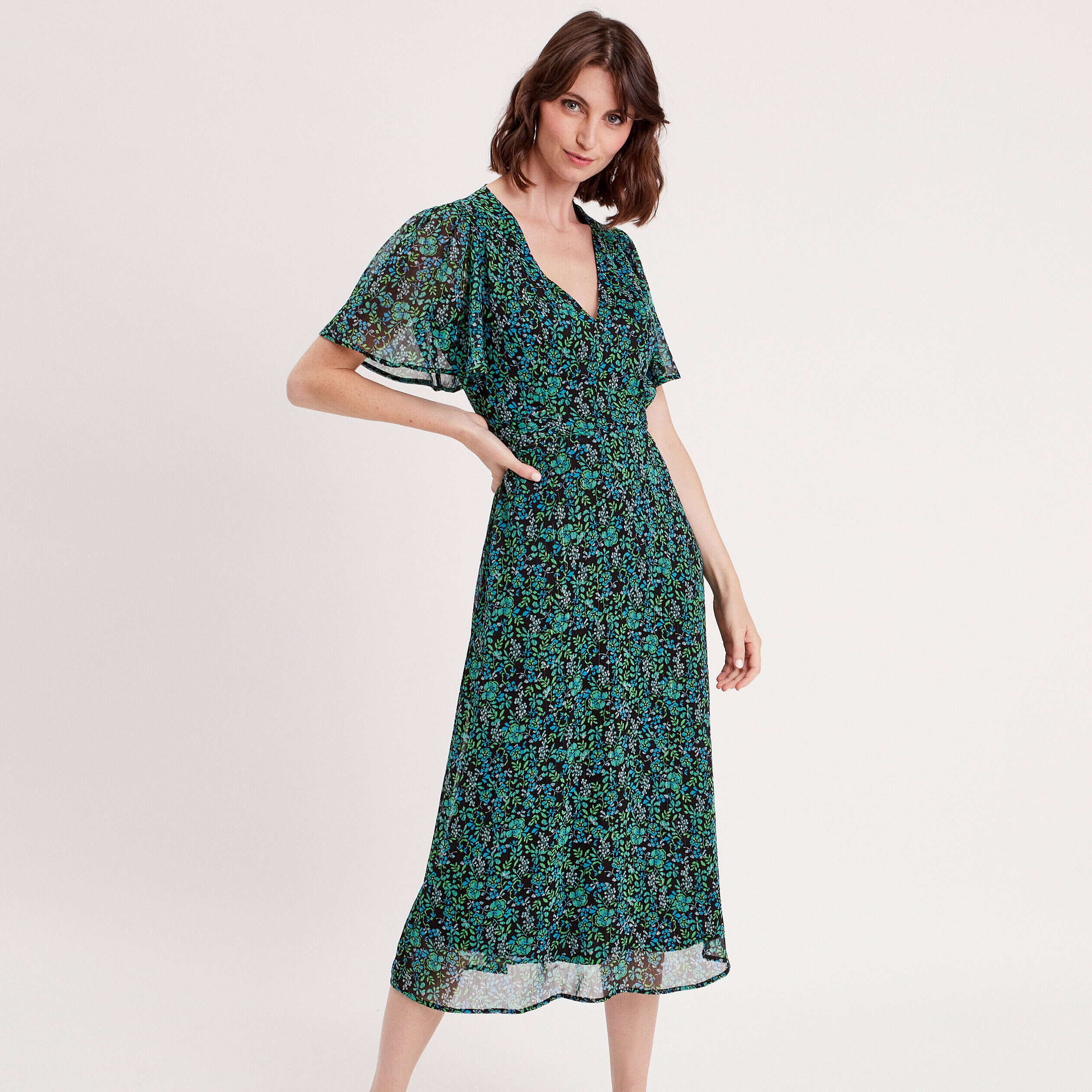 Robe longue évasée col en V vert femme | Cache Cache