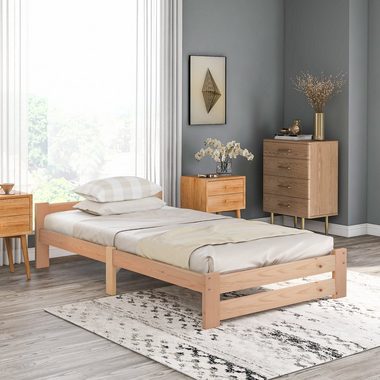 OKWISH Massivholzbett Natur Bett, Futonbett, Massivholzbett Einzelbett Kinderbett Gästebett (mit Kopfteil und Lattenrost, 200x90cm), Matratze nicht enthalten