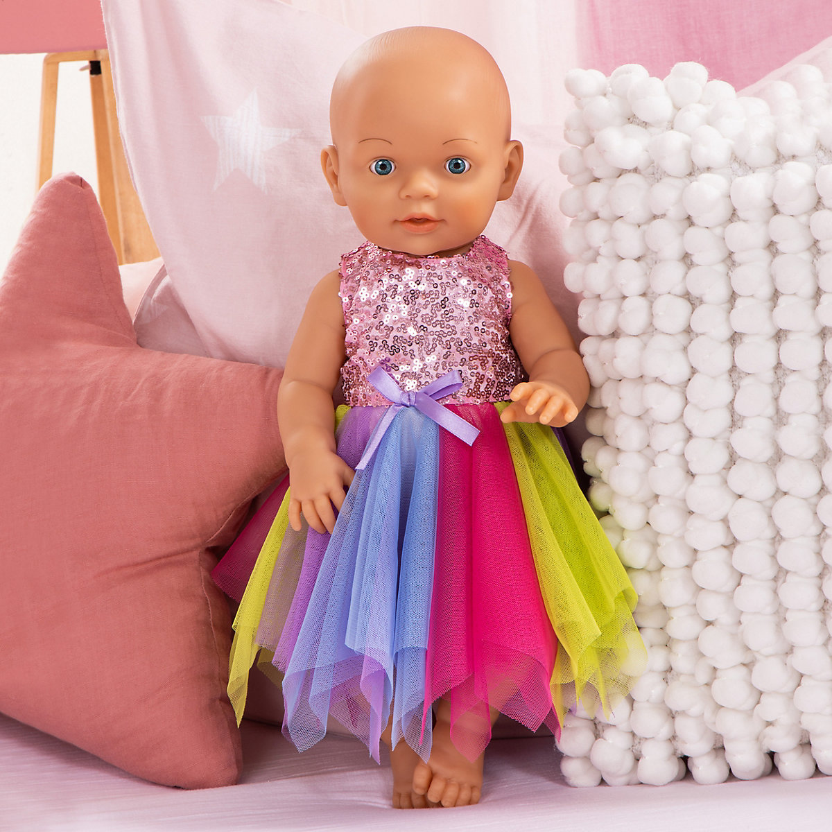 Pailletten-Kleid für Puppen 40-46 cm, rosa/gelb