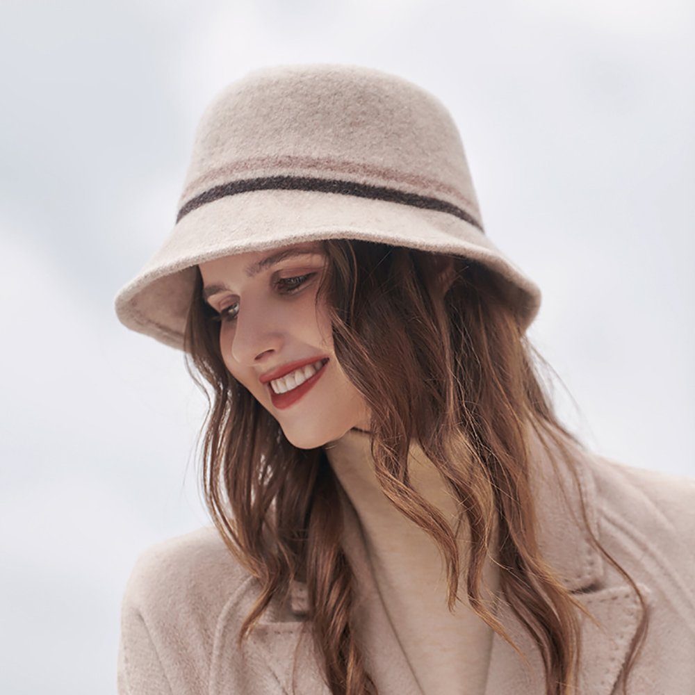 HutWorld Filzhut Damen Filz Fedora Hut (Cloche Hut Bowler Hüte Bucket Hat Eimerhut, Mode-Streifen) Wintermütze Bequem und Warm für Frühling/Herbst/Winter