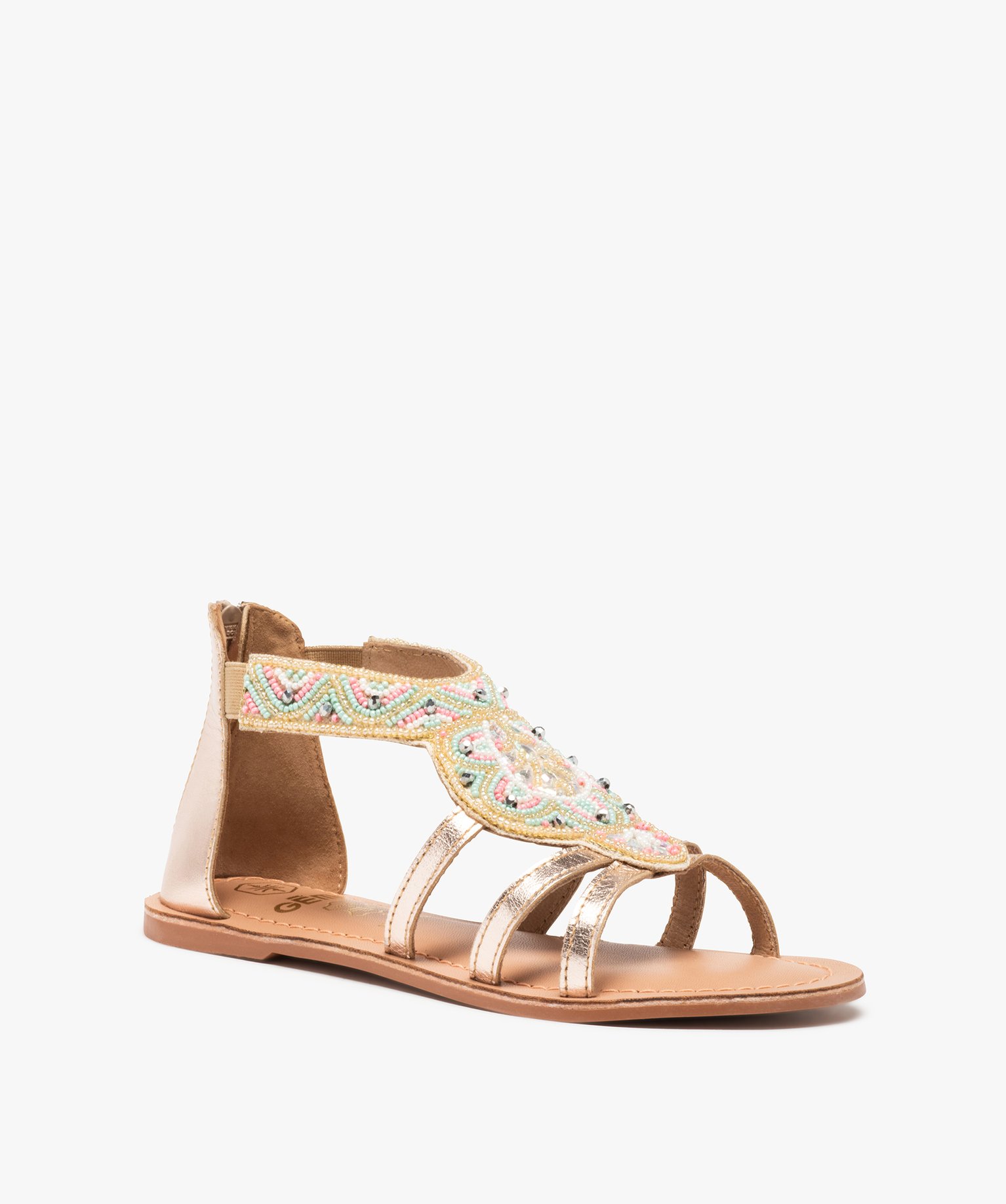 Sandales fille à talon plat et dessus perlé contrefort zippé or | GEMO