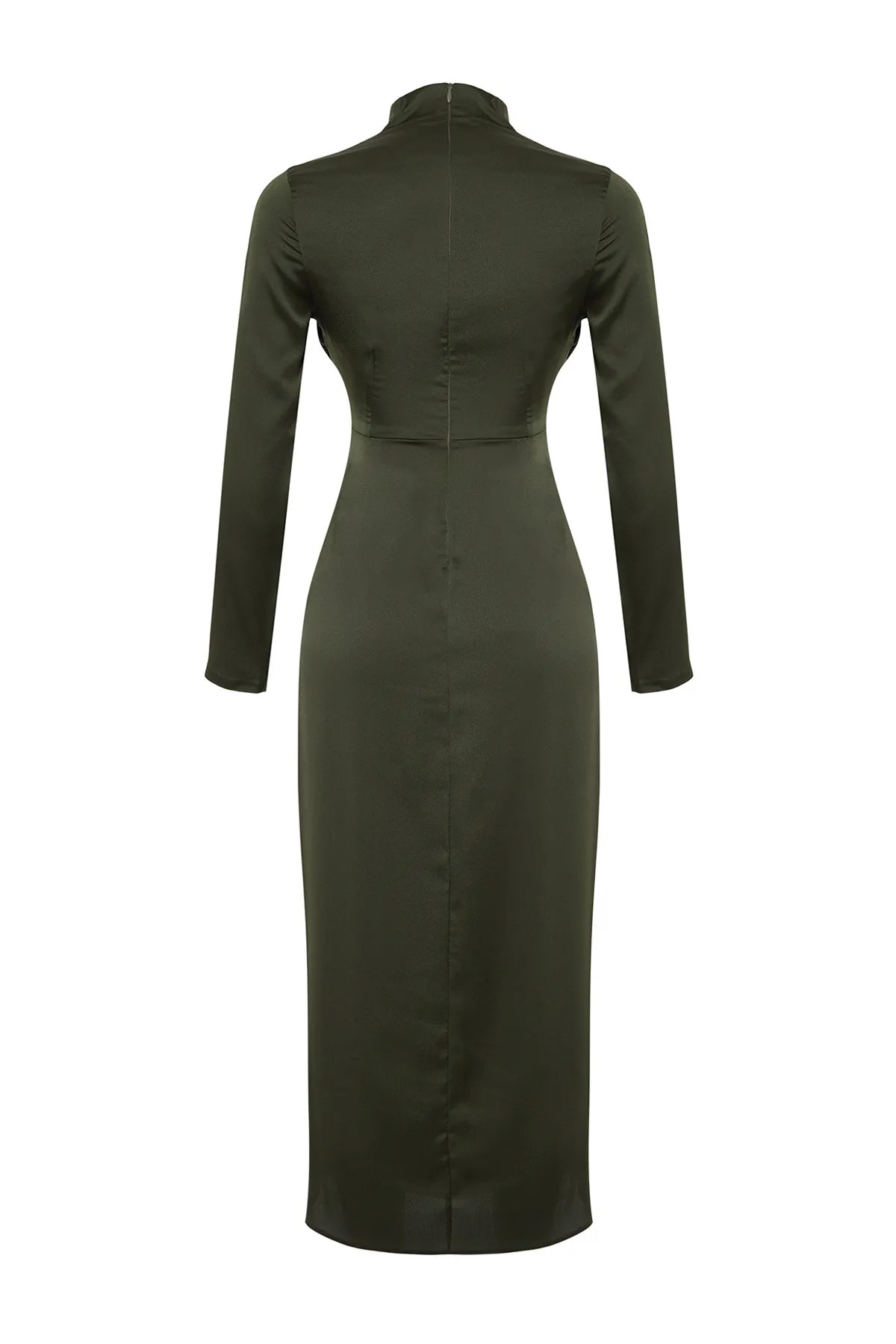 Trendyol Modest  Khakifarbenes Abendkleid aus gewebtem Satin mit Raffungen TCTSS24DB00037