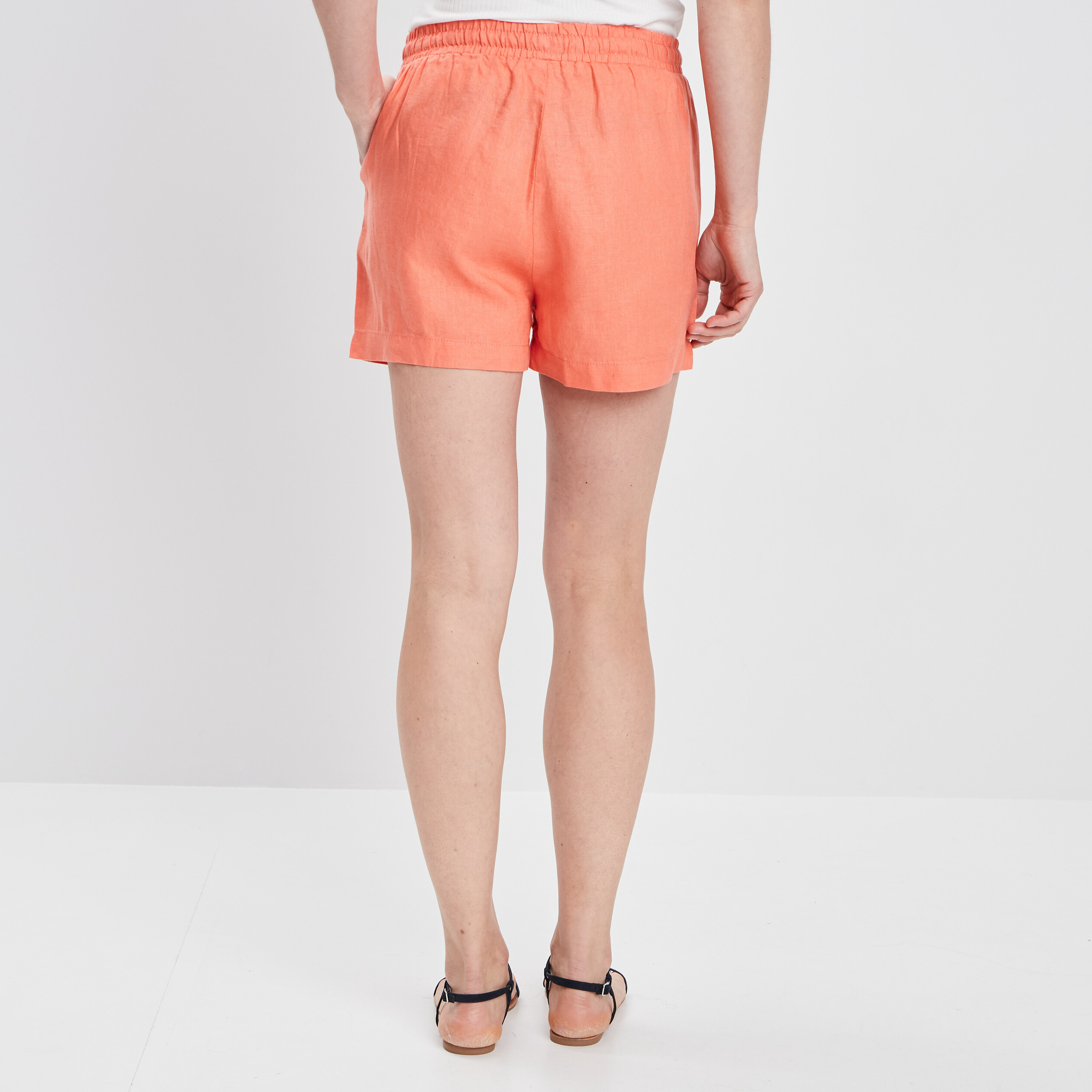 Short fluide droit en lin taille smockée rose corail femme | La Halle