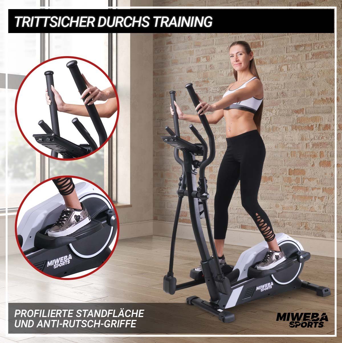Miweba Sports Ellipsentrainer Profi Crosstrainer MC300 inkl. Pulsgurt - 21 kg Schwungmasse (8 Intensitätsstufen, 16 Trainings Programme, Cardio, Fitnessgerät, Sportgerät, verstellbar, 1-tlg., iConsole, Kinomap, FitHiWay App, großes LCD Display, Table