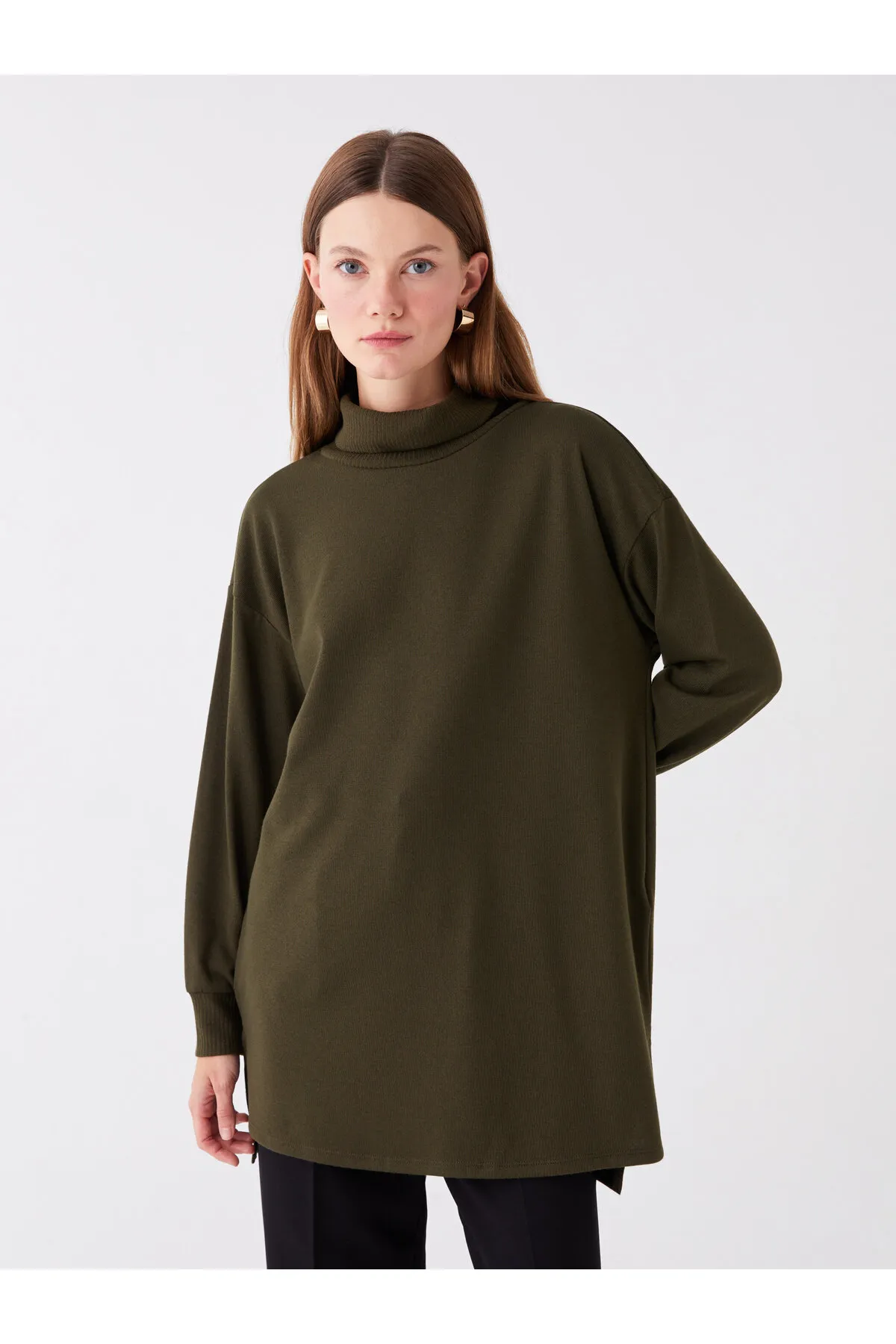 LC Waikiki  Rollkragenpullover, einfarbig, langärmlig, übergroße Damen-Tunika