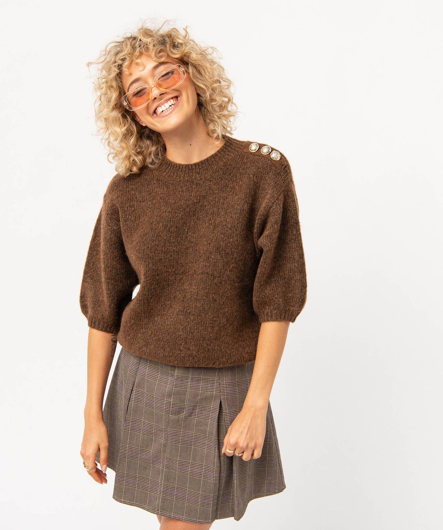 Pull à manches courtes en grosse maille femme marron | GEMO