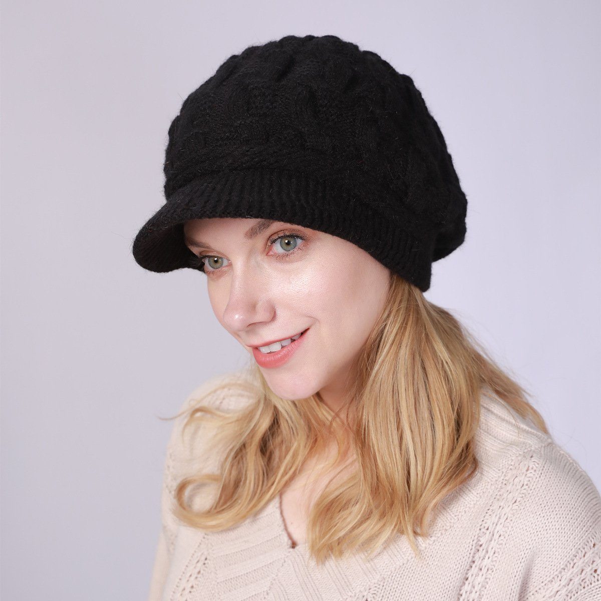 Blusmart Strickmütze Strickmütze Schirmmütze (Strickmütze Warm gefütterte Wintermütze Strickmütze Beanie, Baskenmütze mit 8 Charakteren, gedrehter Hut) Gestrickte Schirmmütze für Damen im Herbst und Winter