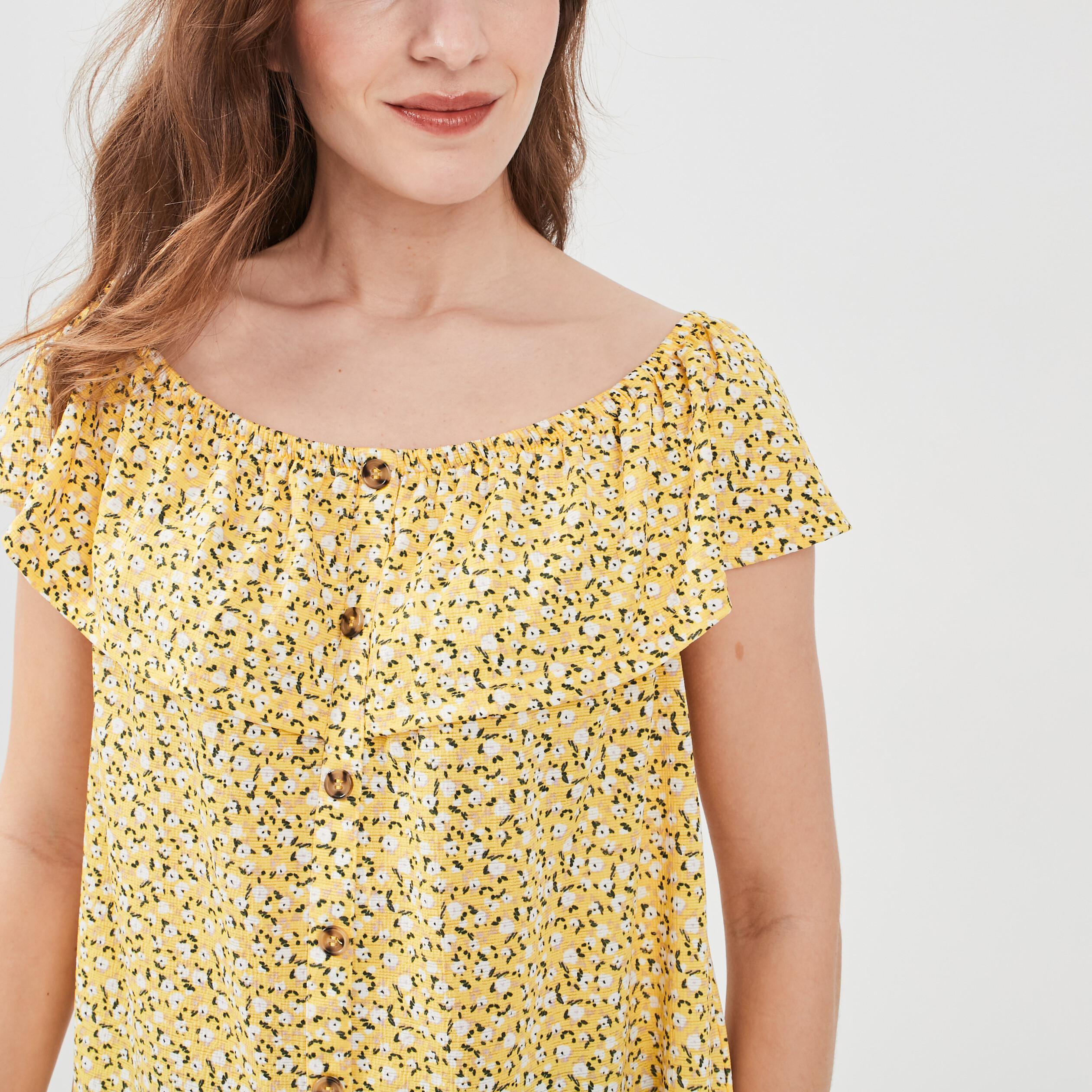 T-shirt col bardot manches courtes jaune citron femme | La Halle