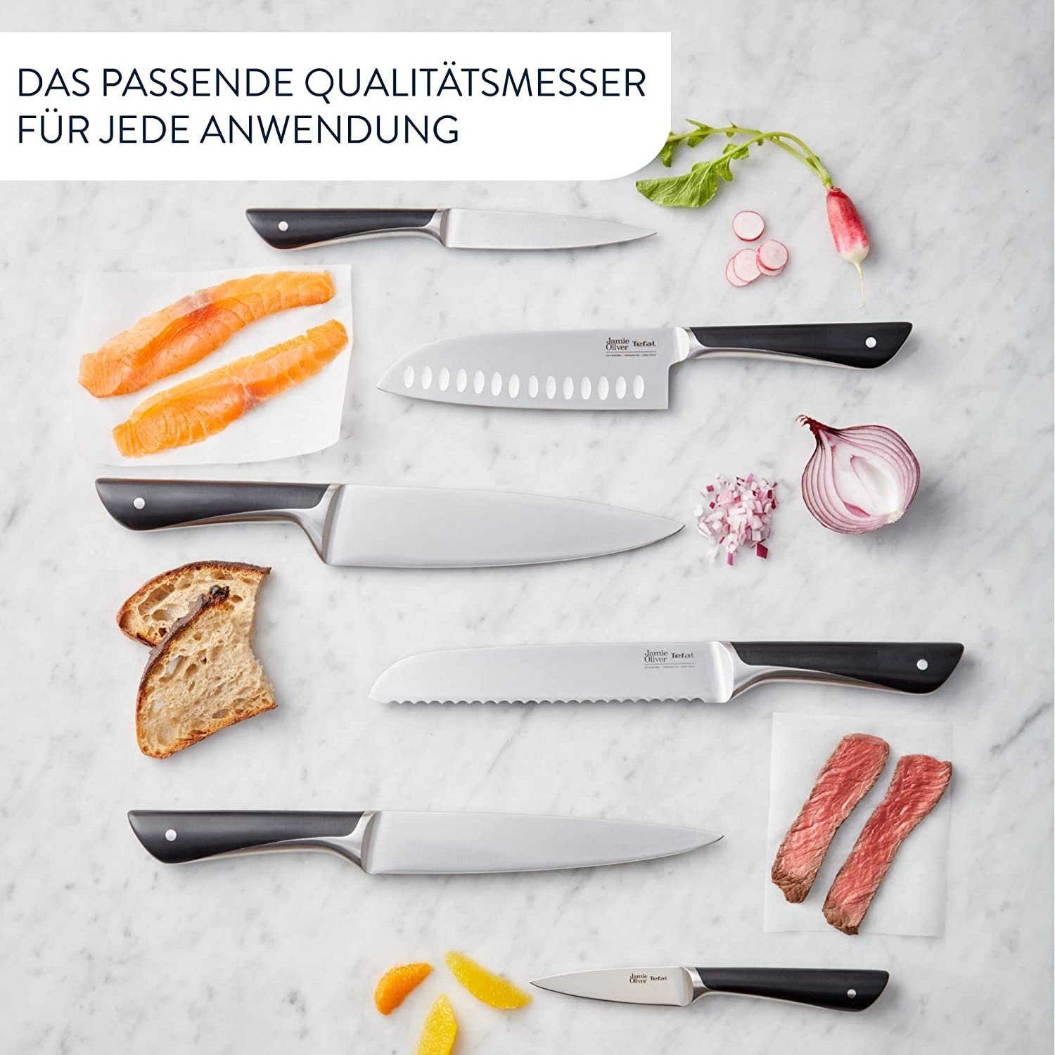 Tefal Messerblock Jamie Oliver K267 Küchenmesser + Holz hohe Schneideleistung Kochmesser (7tlg), Fleischmesser Brotmesser Santokumesser Universalmesser Schälmesser