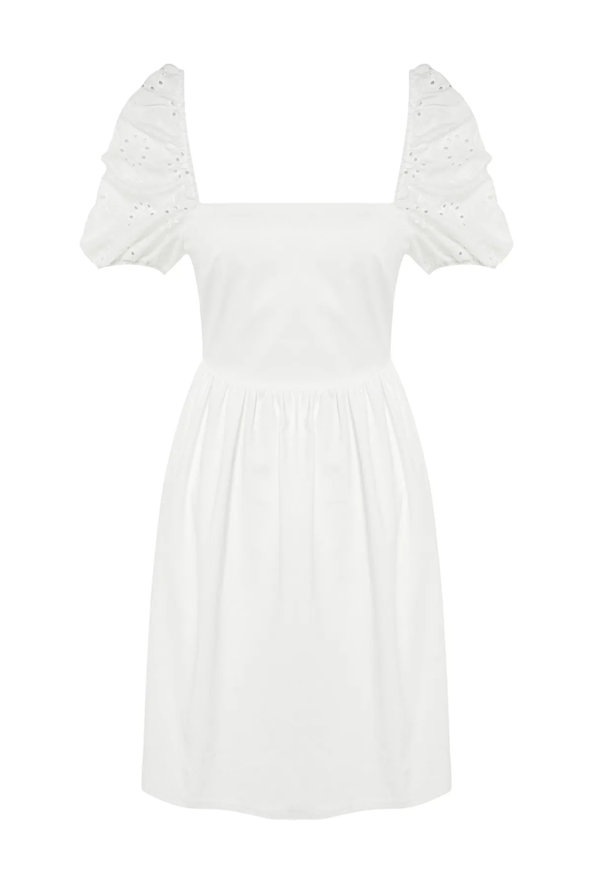 Trendyol Collection  Weißes Kleid mit Taillenöffnung/Skater-Mini, gewebte Baumwolle, gefütterte Rückseite, detaillierte Stickerei