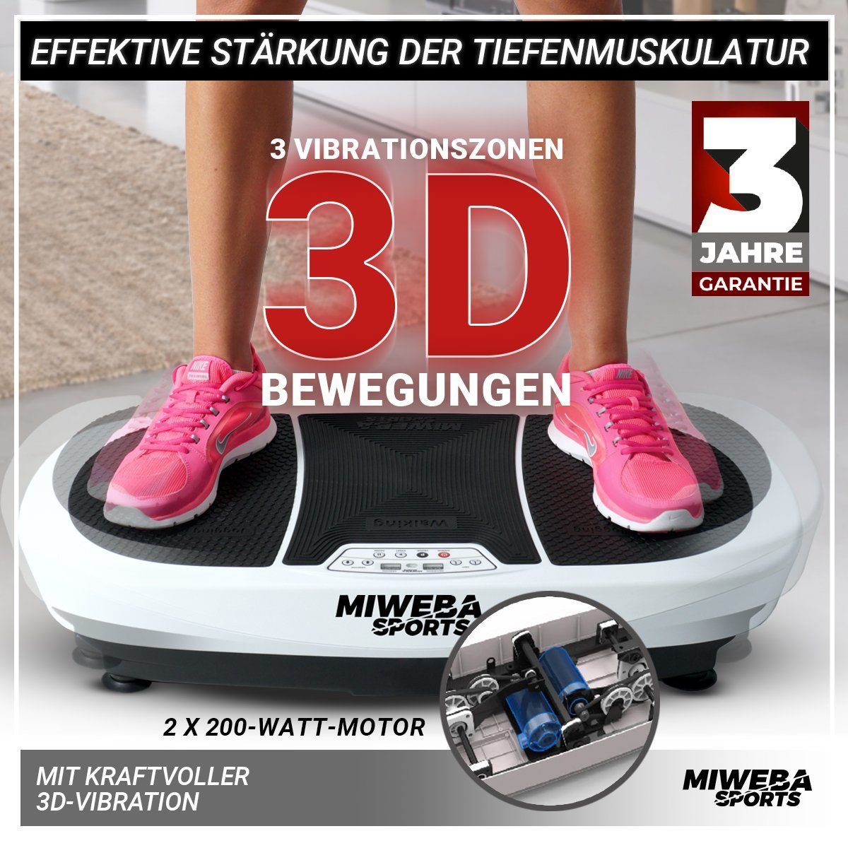 Miweba Sports Vibrationsplatte Vibrationsboard MV200 inkl. Fernbedienung - 3D-Vibration, 400 W, 99 Intensitätsstufen, (Widerstandsbänder & Übungsposter, LED-Display, Ganzkörpertraining, Fettverbrennung, Trainingsgerät, Sportgeräte Fitnessgeräte für Z