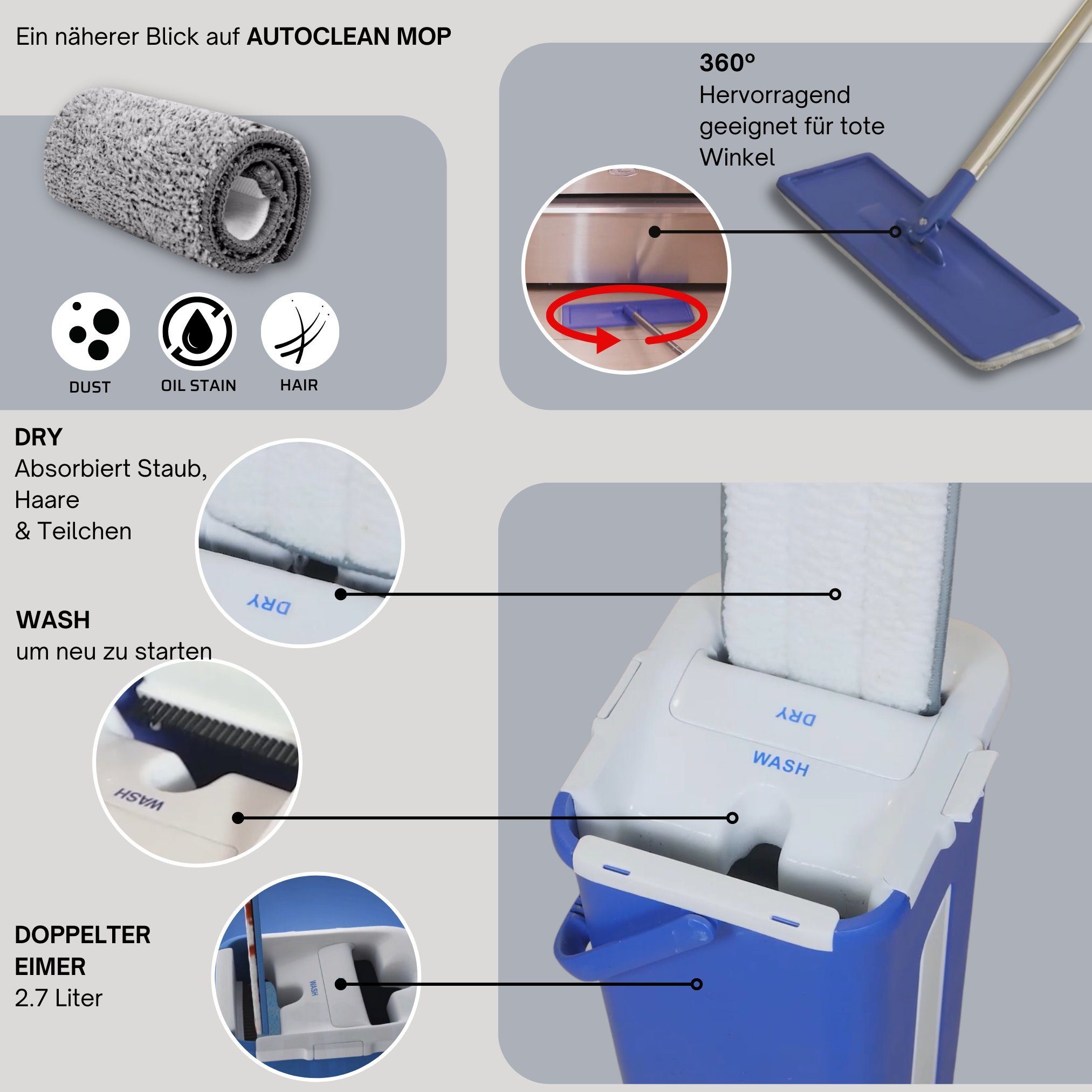 Starlyf Wischmopp Autoclean Mop Bodenwischer-Set, beutellos, selbstreinigendes Wischsystem, Doppelkammereimer, 2,7 Liter