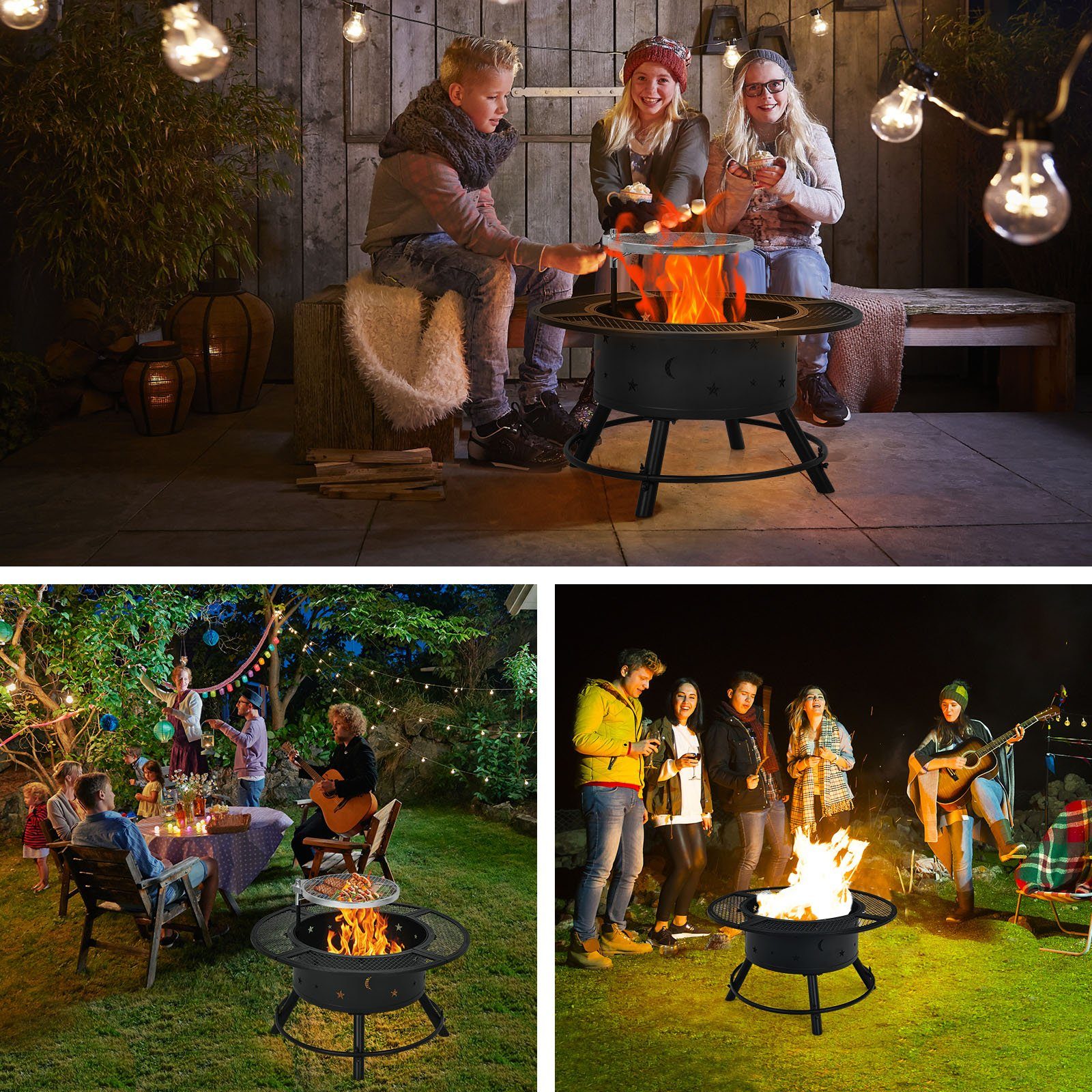COSTWAY Feuerschale, Ø49cm, mit 360°Grillrost, höheverstellbar, mit Schürhaken