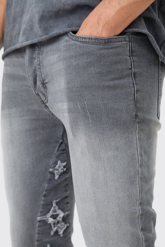 Graue Skinny Stretch Jeans mit Applikation