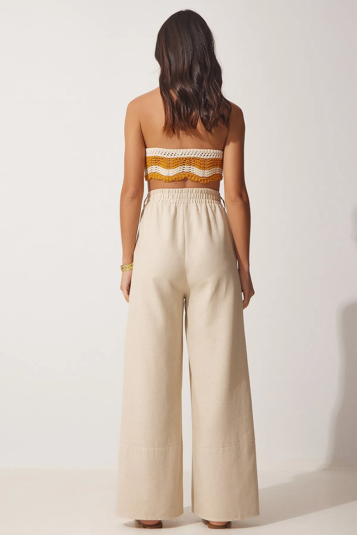 Happiness İstanbul  Damen-Palazzo-Hose aus Leinen in Creme mit stilvollen Knöpfen und Details MX00095