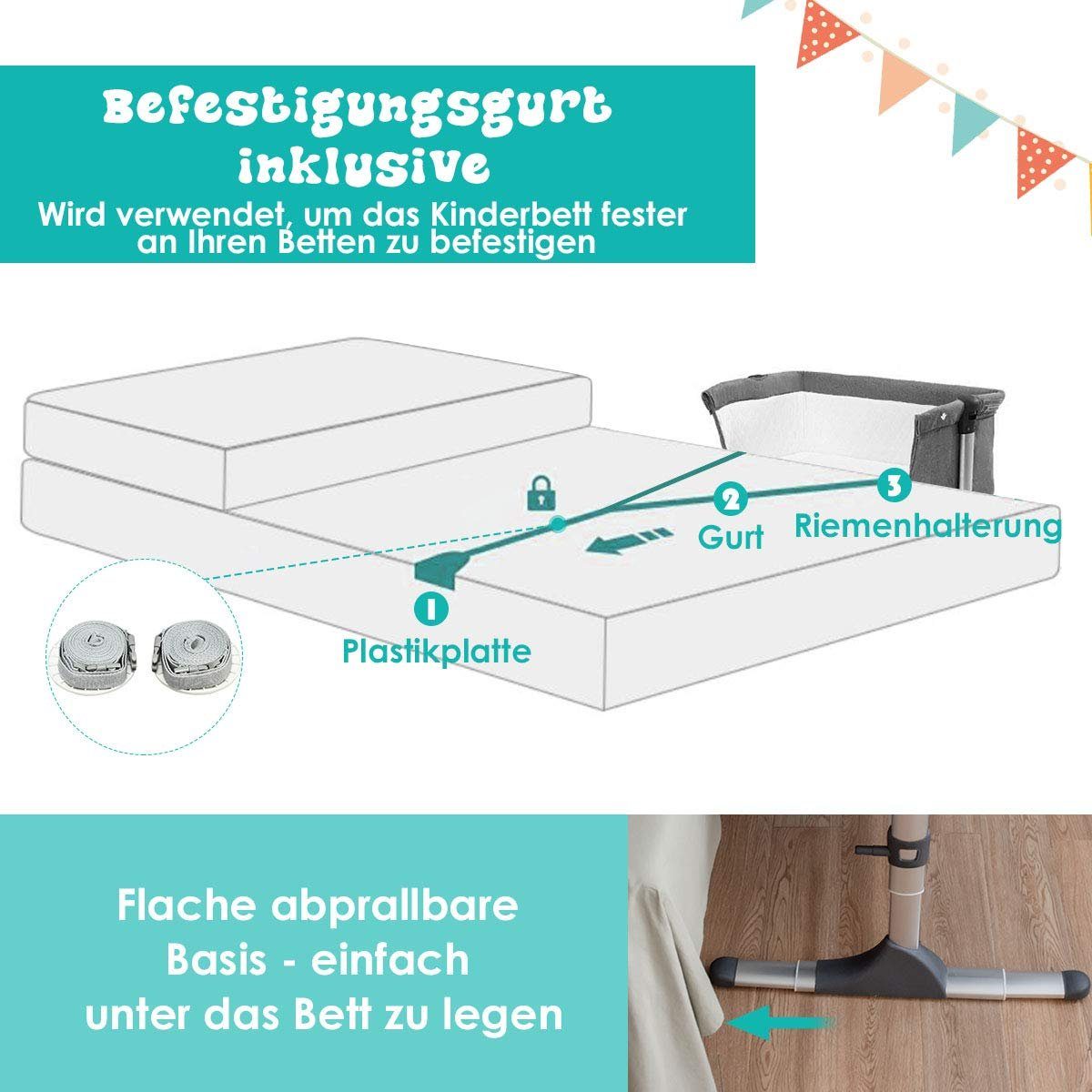 COSTWAY Beistellbett Reisebett, verstellbar, mit Spielbogen & Spieluhr