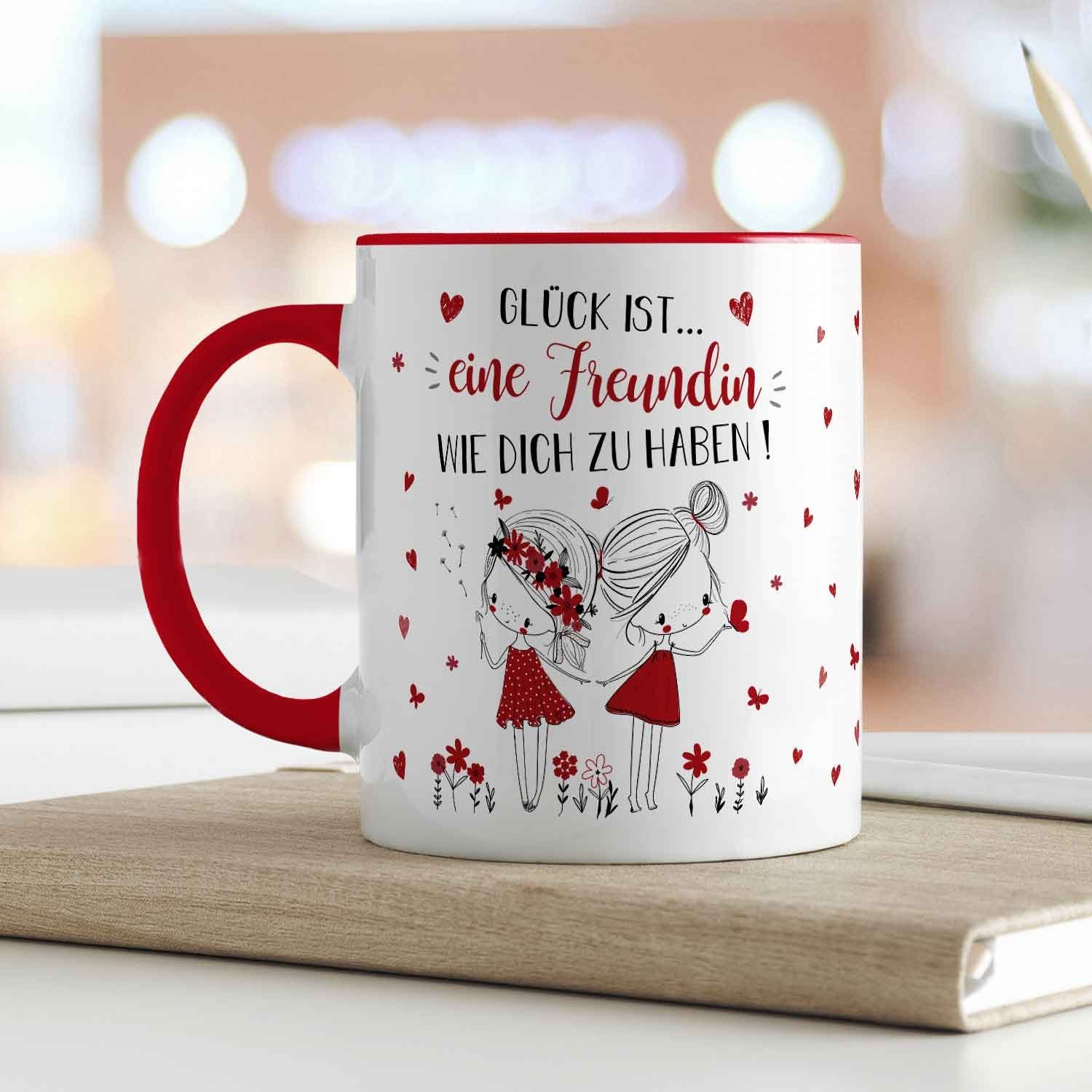 GRAVURZEILE Tasse mit Spruch Glück ist eine Freundin, - Persönliches Geschenk für Freundinnen zu verschiedenen Anlässen
