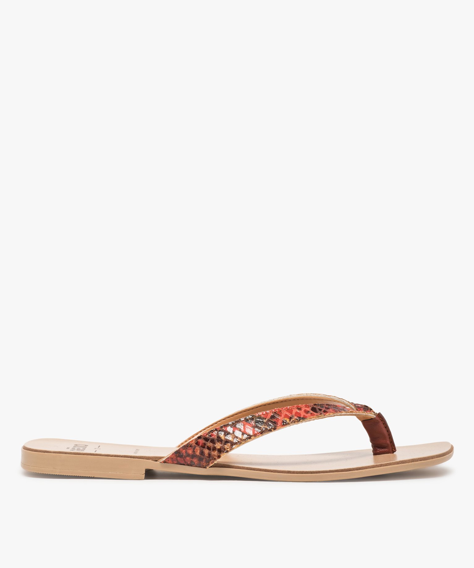 Sandales femme à talon plat et entre-doigts imitation cuir orange | GEMO