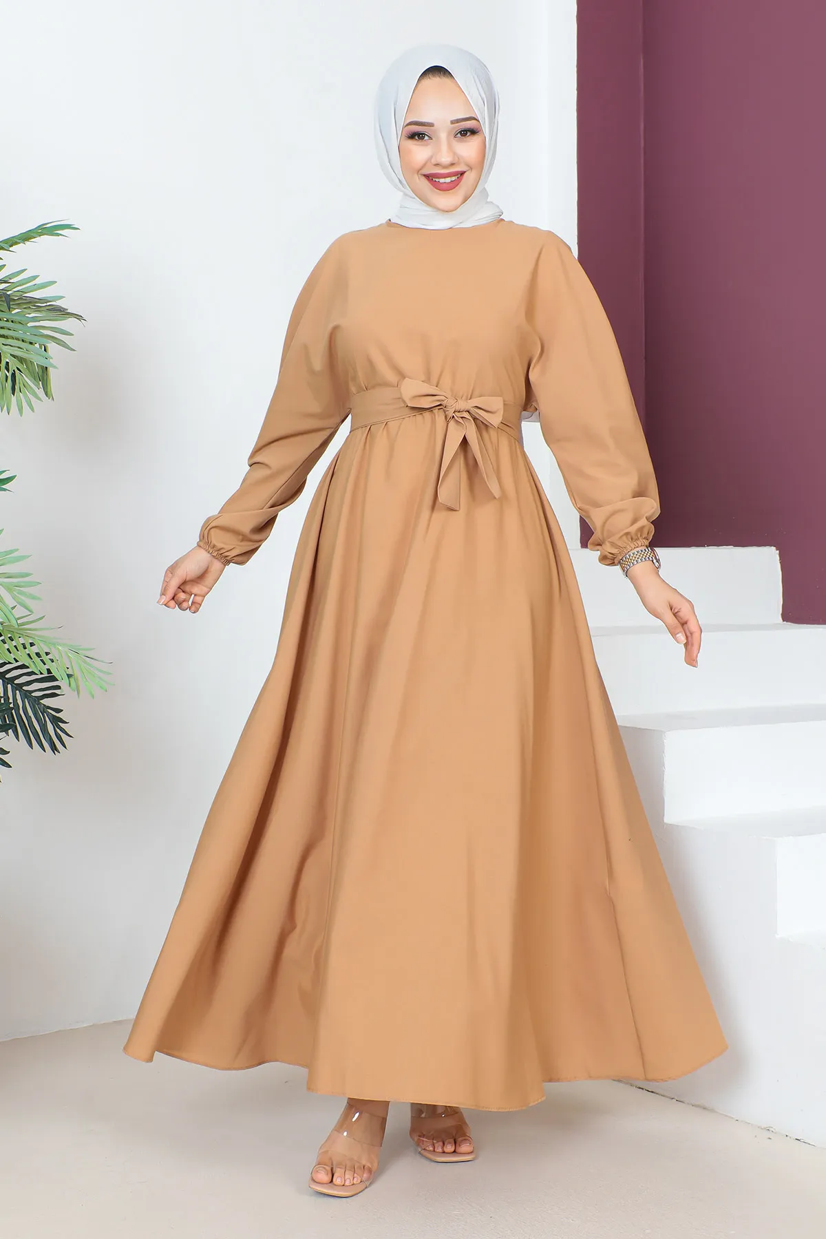 Tesettür Dünyası  Kleid mit Taillengürtel TSD230611 Kamel