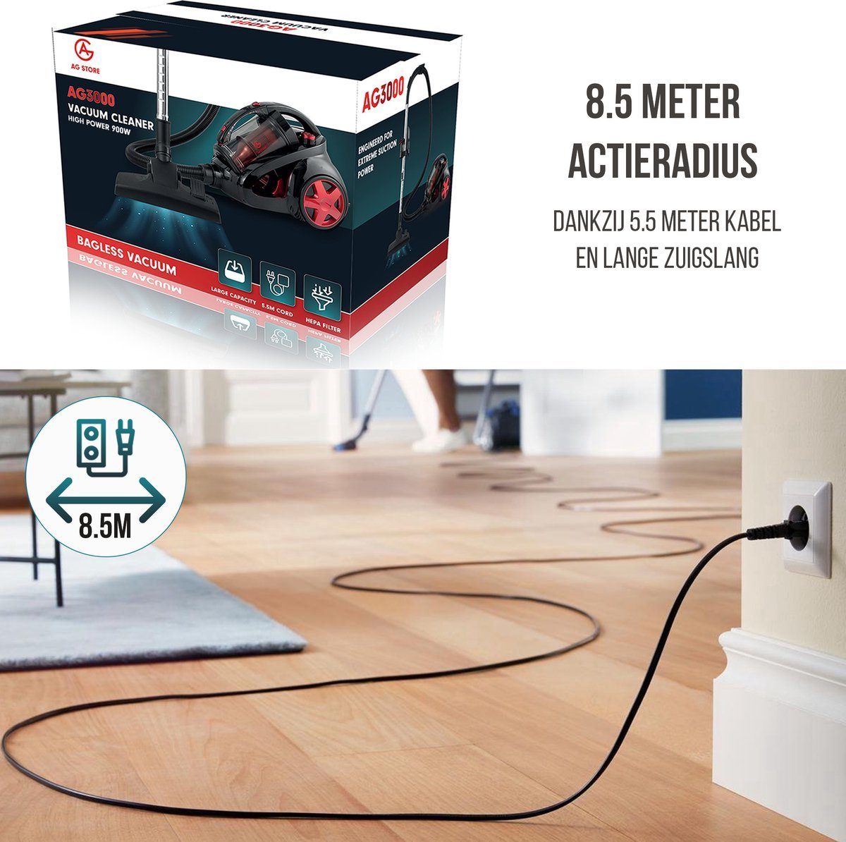 AG Bodenstaubsauger AG3000 - AG3100 Beutelloser Staubsauger - Starke Saugleistung, 900,00 W, Bodenstaubsauger