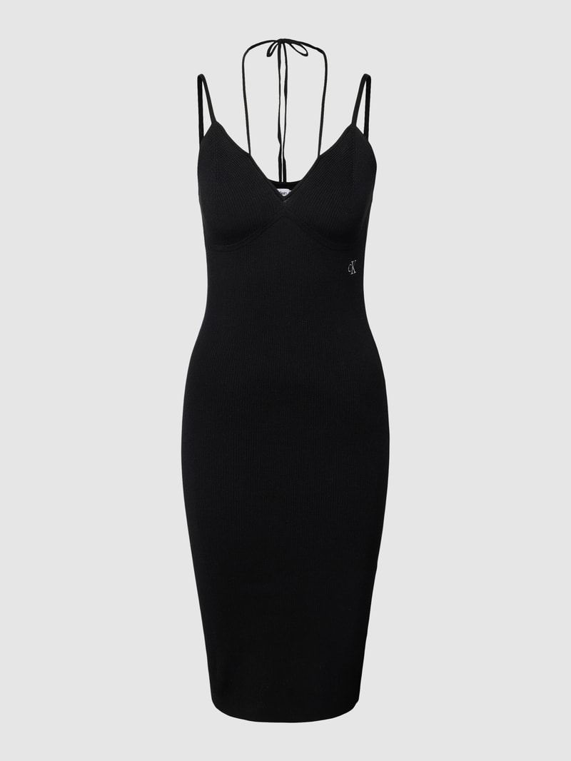 Knielanges Kleid mit Label-Stitching in schwarz