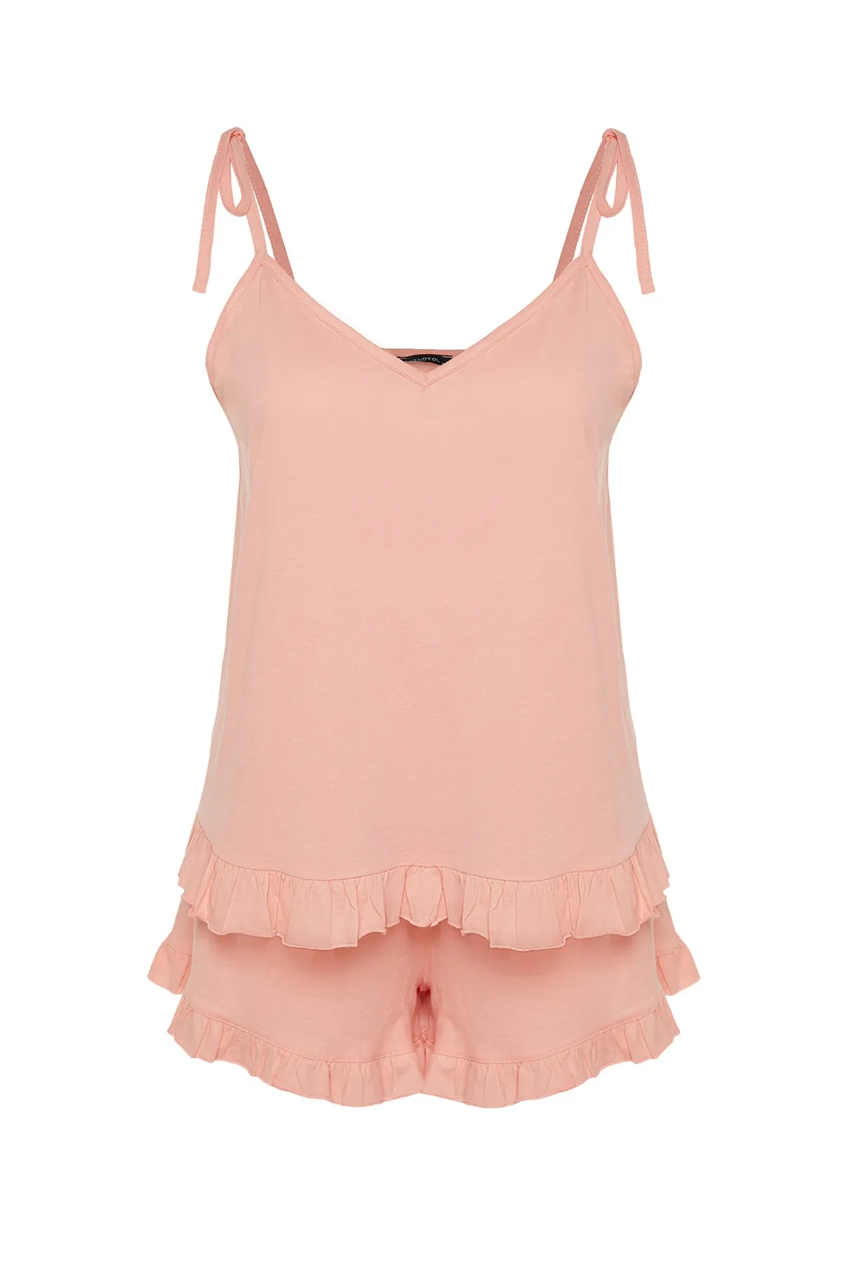 Trendyol Curve  Lachsfarbenes Pyjama-Set aus Strick mit Rüschendetail und Riemchen